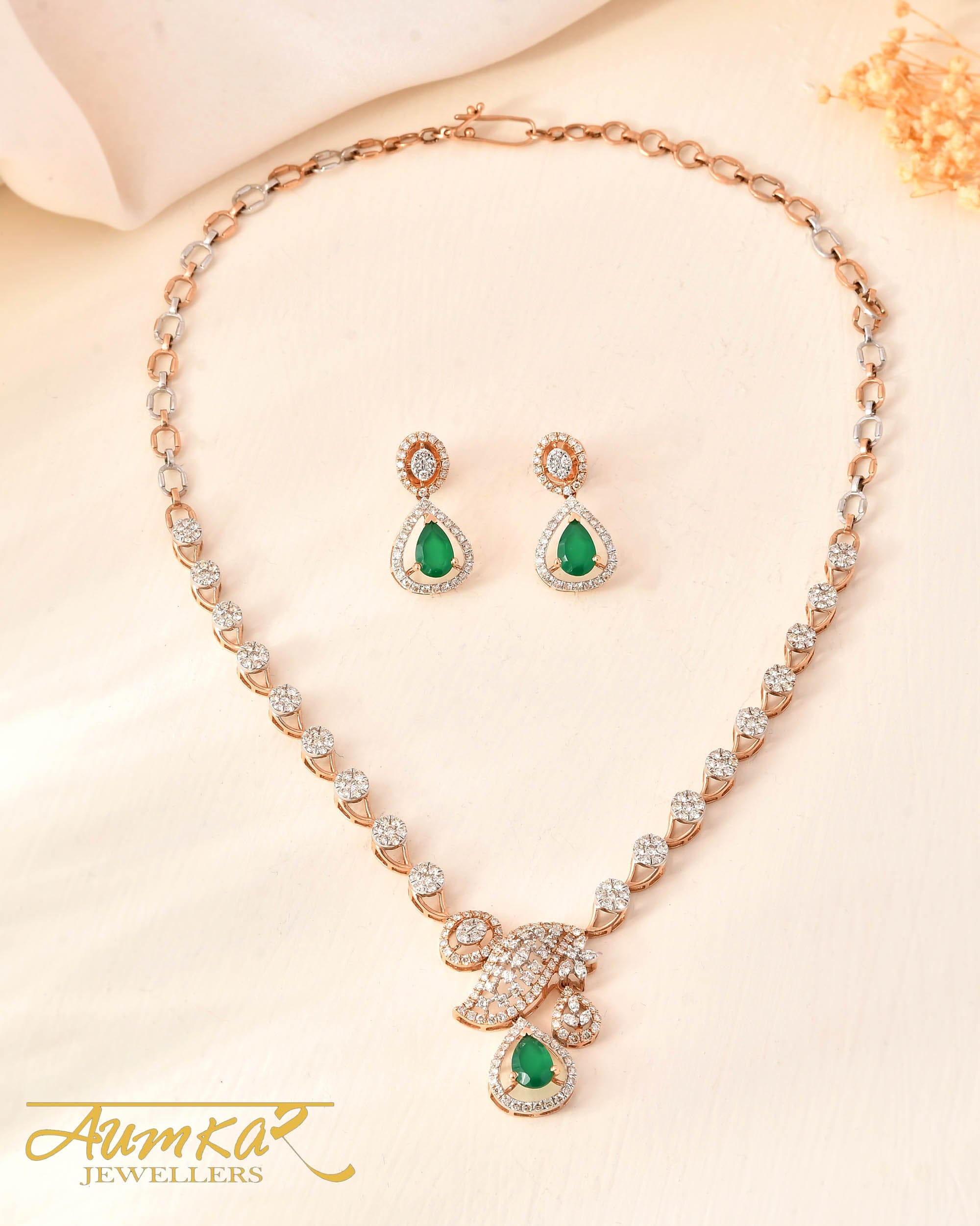 Elegant Diamond Necklace Set With Green Stone Pendant