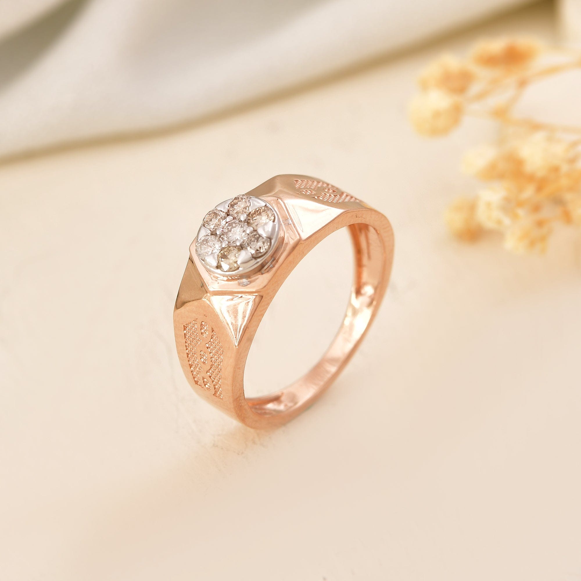 Mens Diamond Ring Rose Gold Wedding Band Signet Style