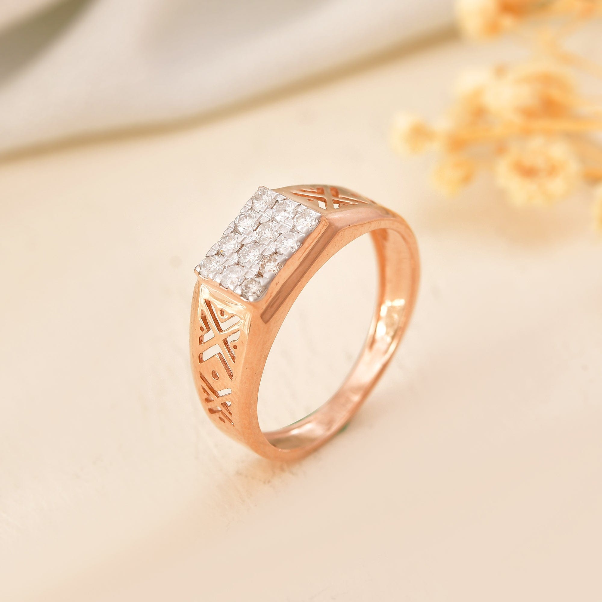 Men's Diamond Ring With Geometric Pattern Rose Gold Band