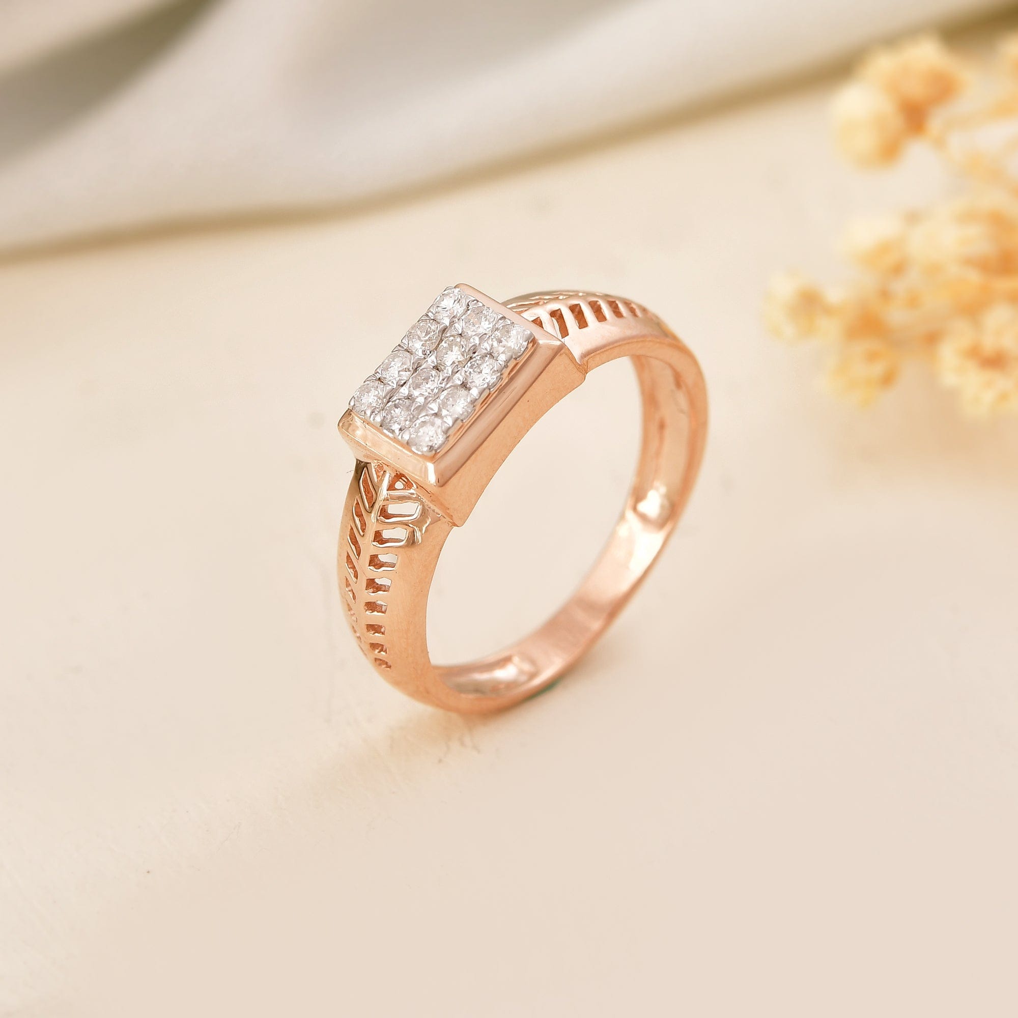 Men's Diamond Cluster Ring Rose Gold Textured Band