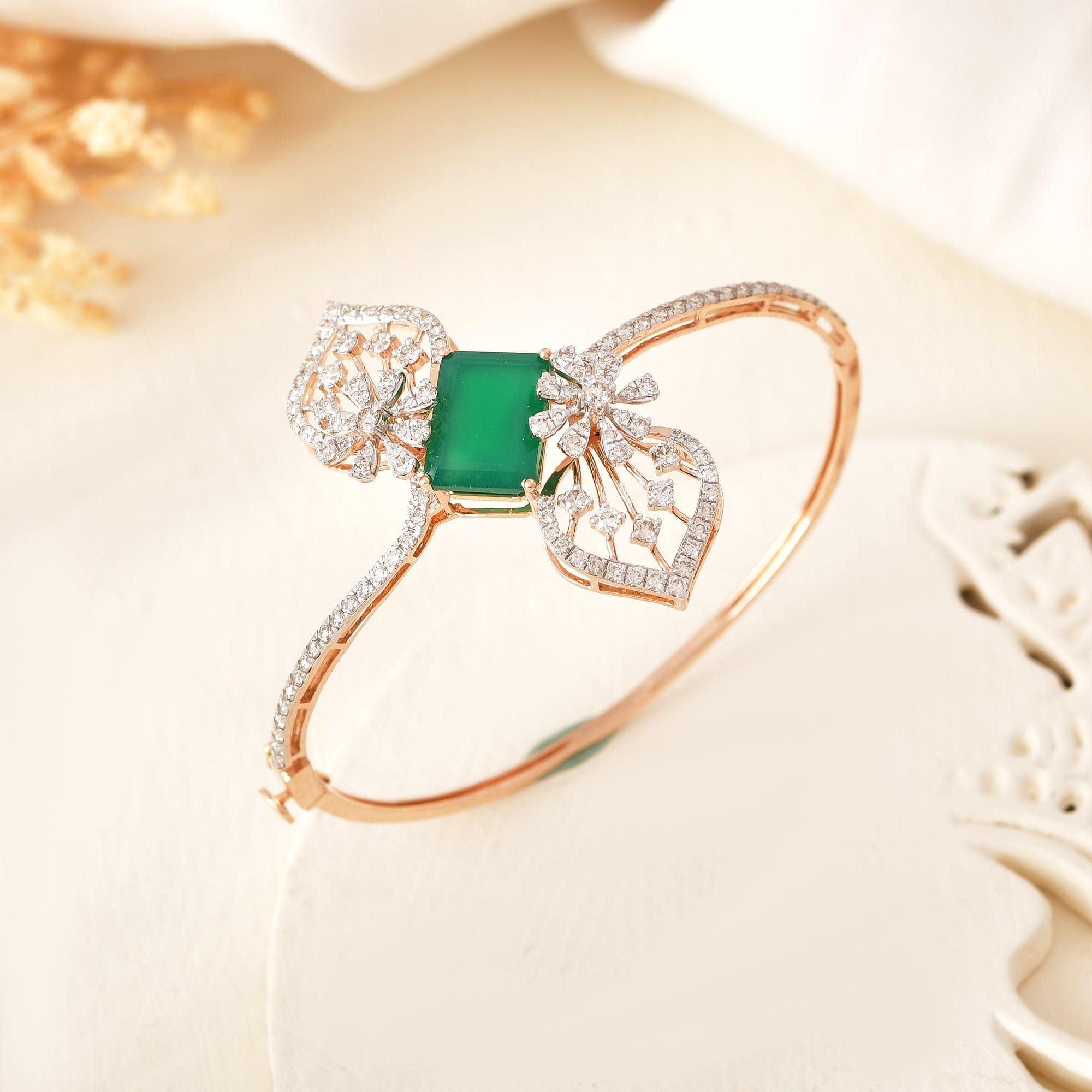 Green Stone Diamond Bracelet For Women Oval Design