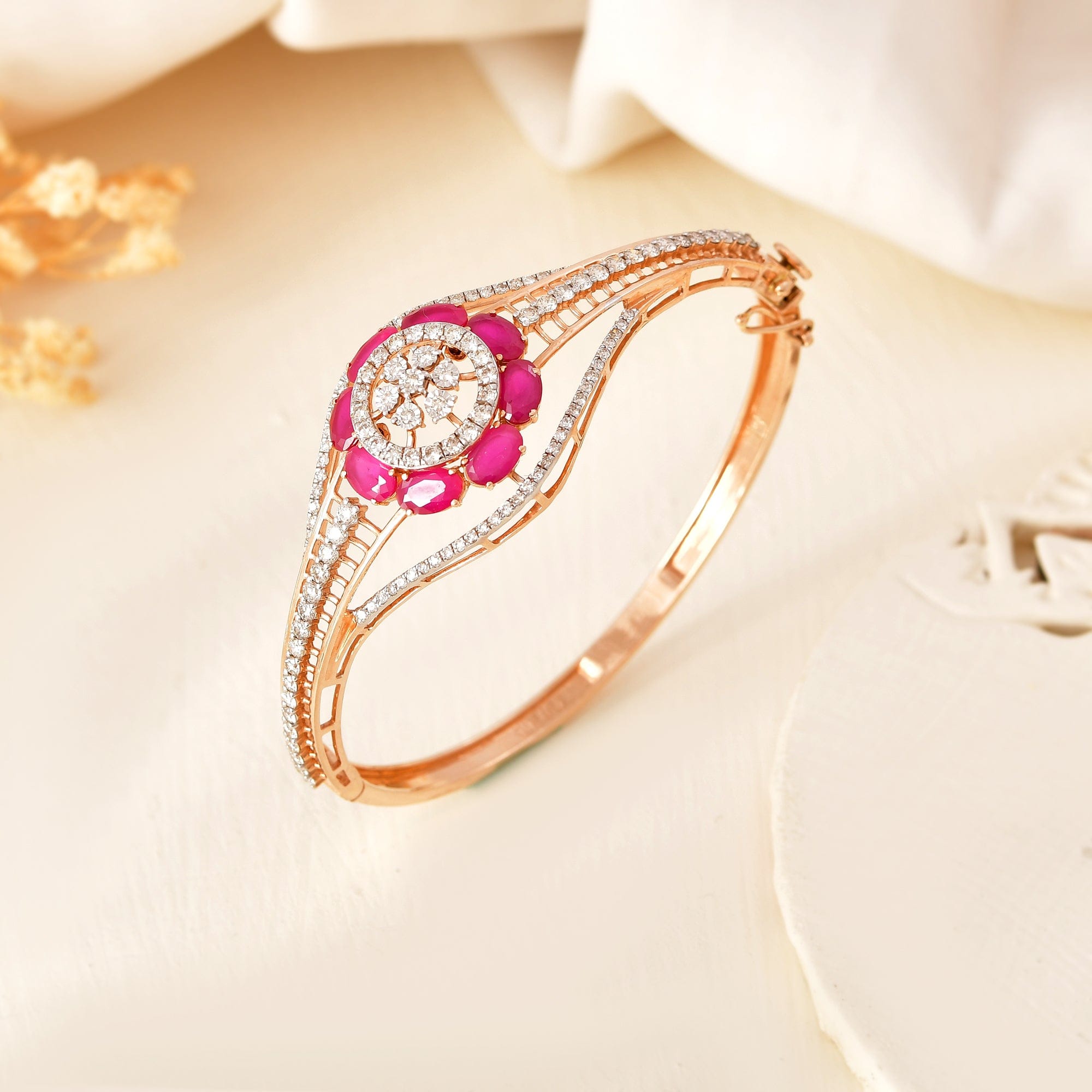 Red Stone Floral Diamond Bracelet For Women Rose Gold