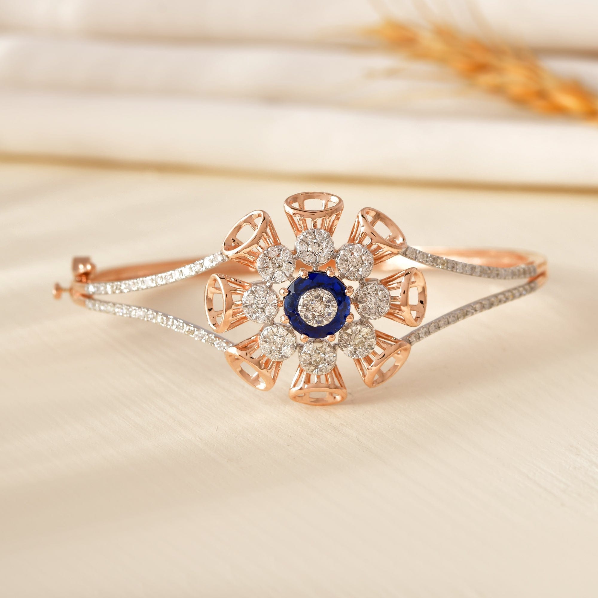 Blue Stone Floral Diamond Bracelet For Women Rose Gold