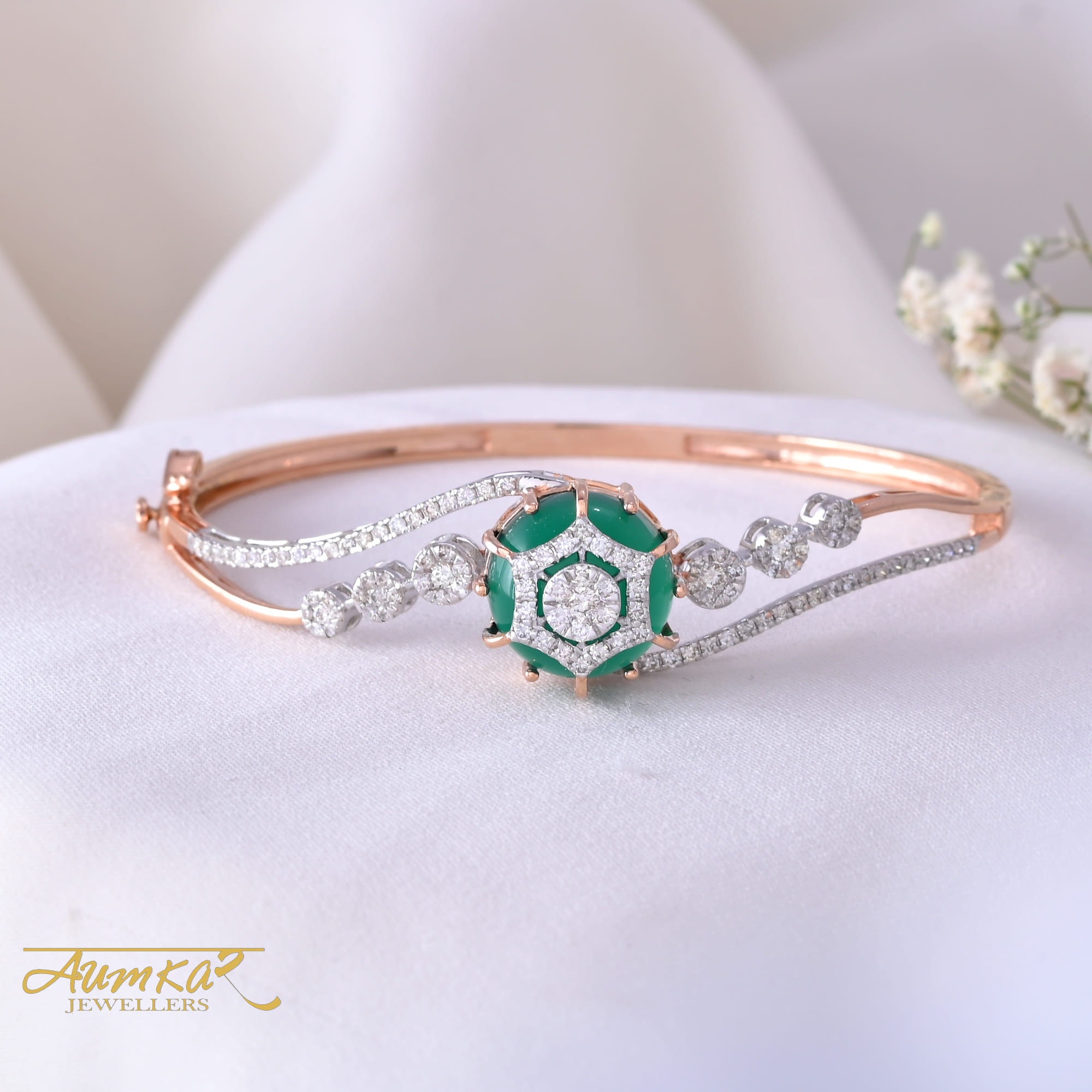 Green Stone Oval Bracelet With Diamonds For Women