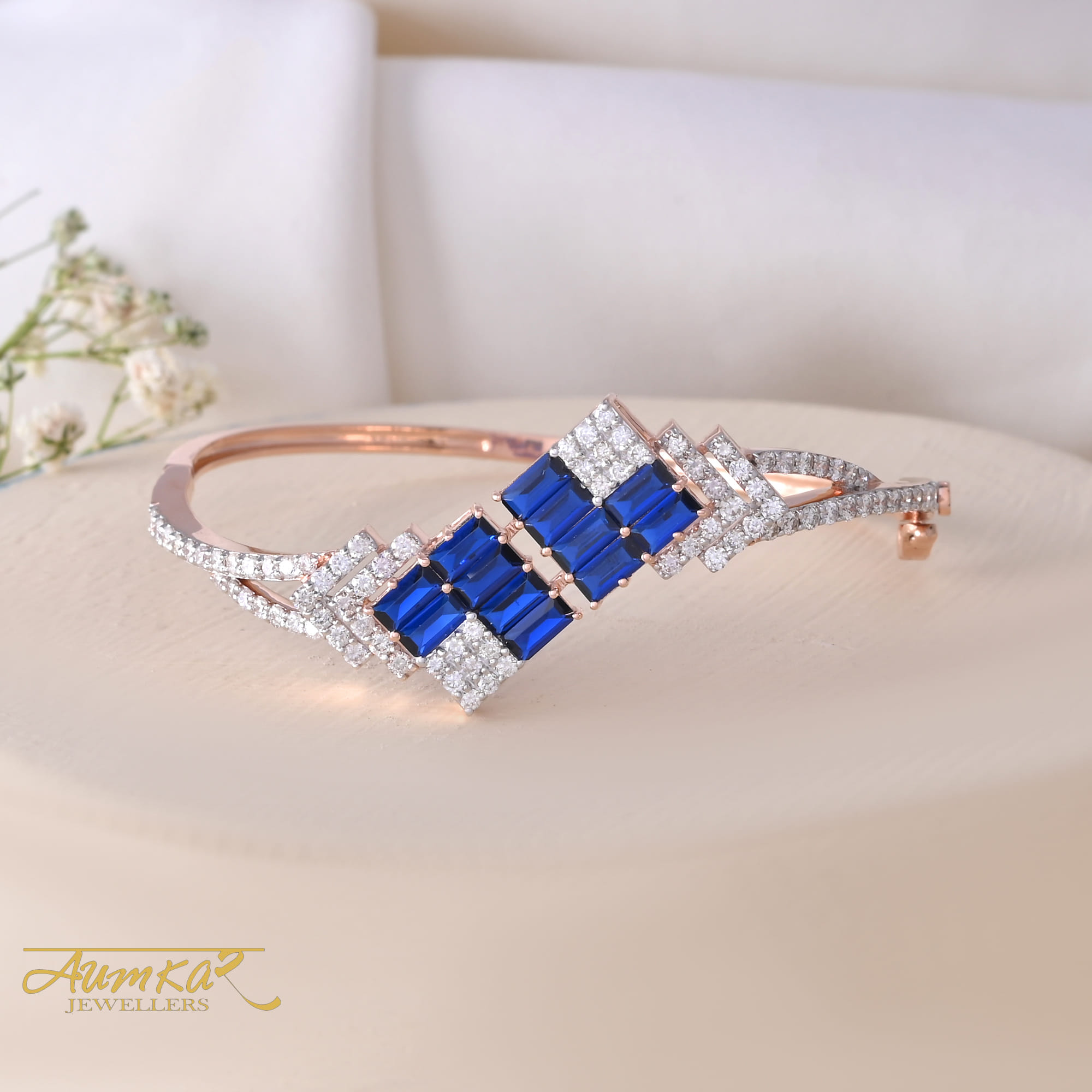 Blue Stone Diamond Bracelet For Women Rose Gold Design