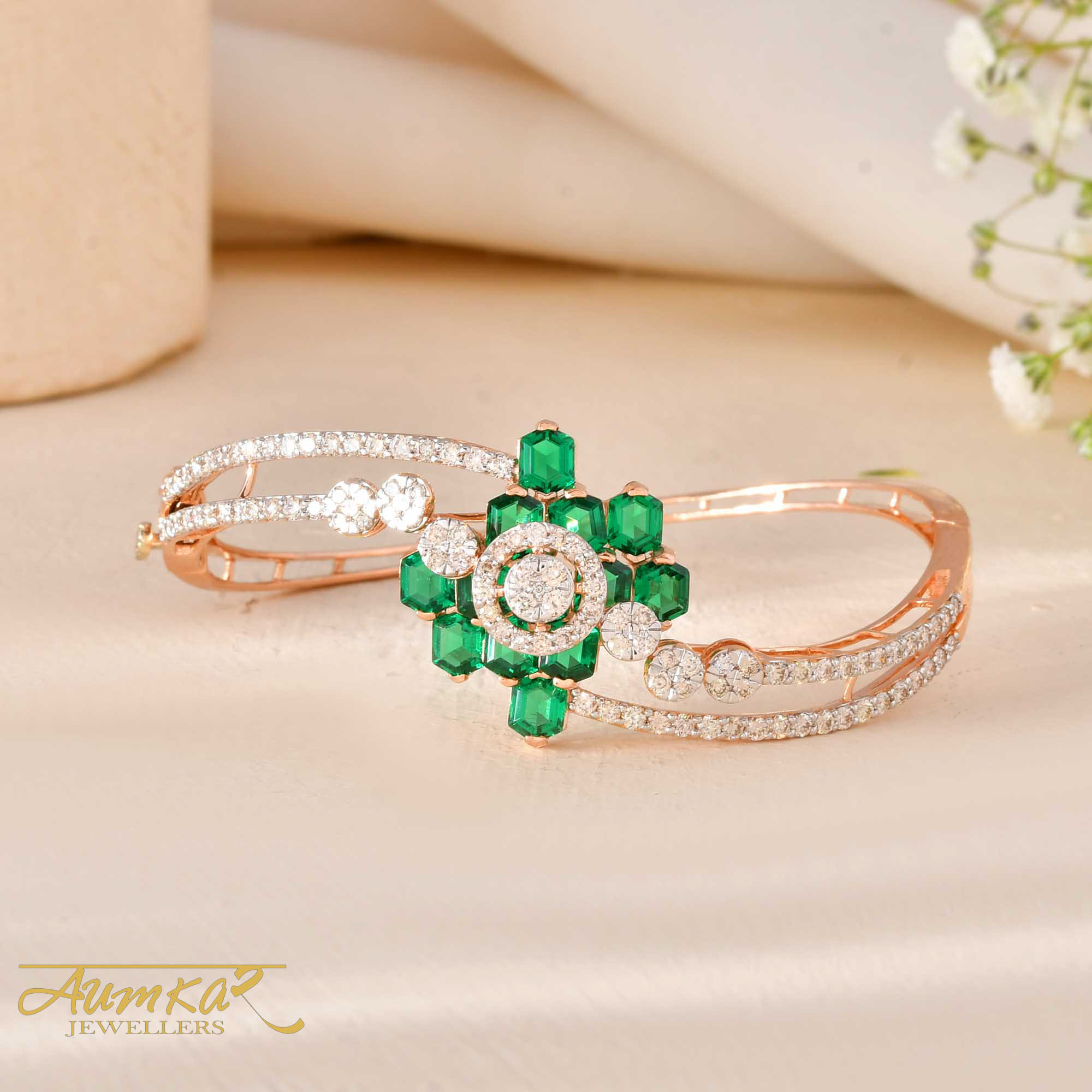 Green Stone Rose Gold Bracelet For Women With Diamonds