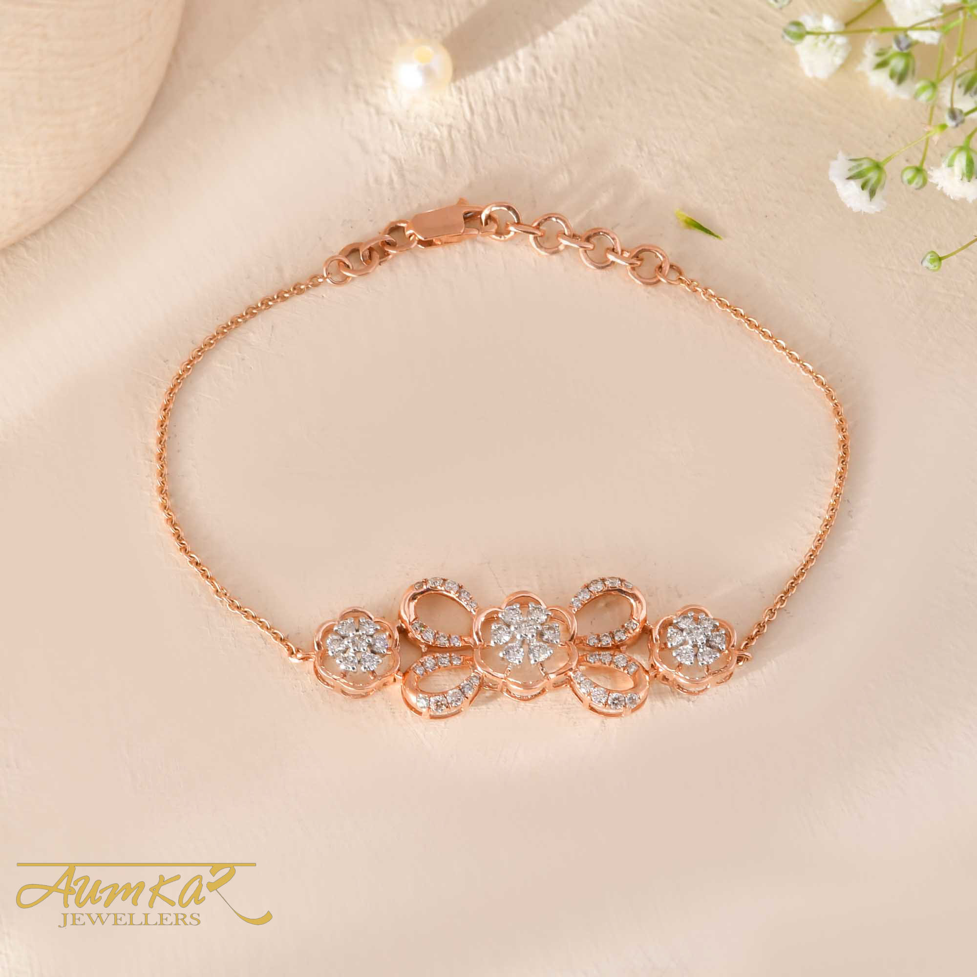 Women's Diamond Tennis Bracelet Floral Design Rose Gold