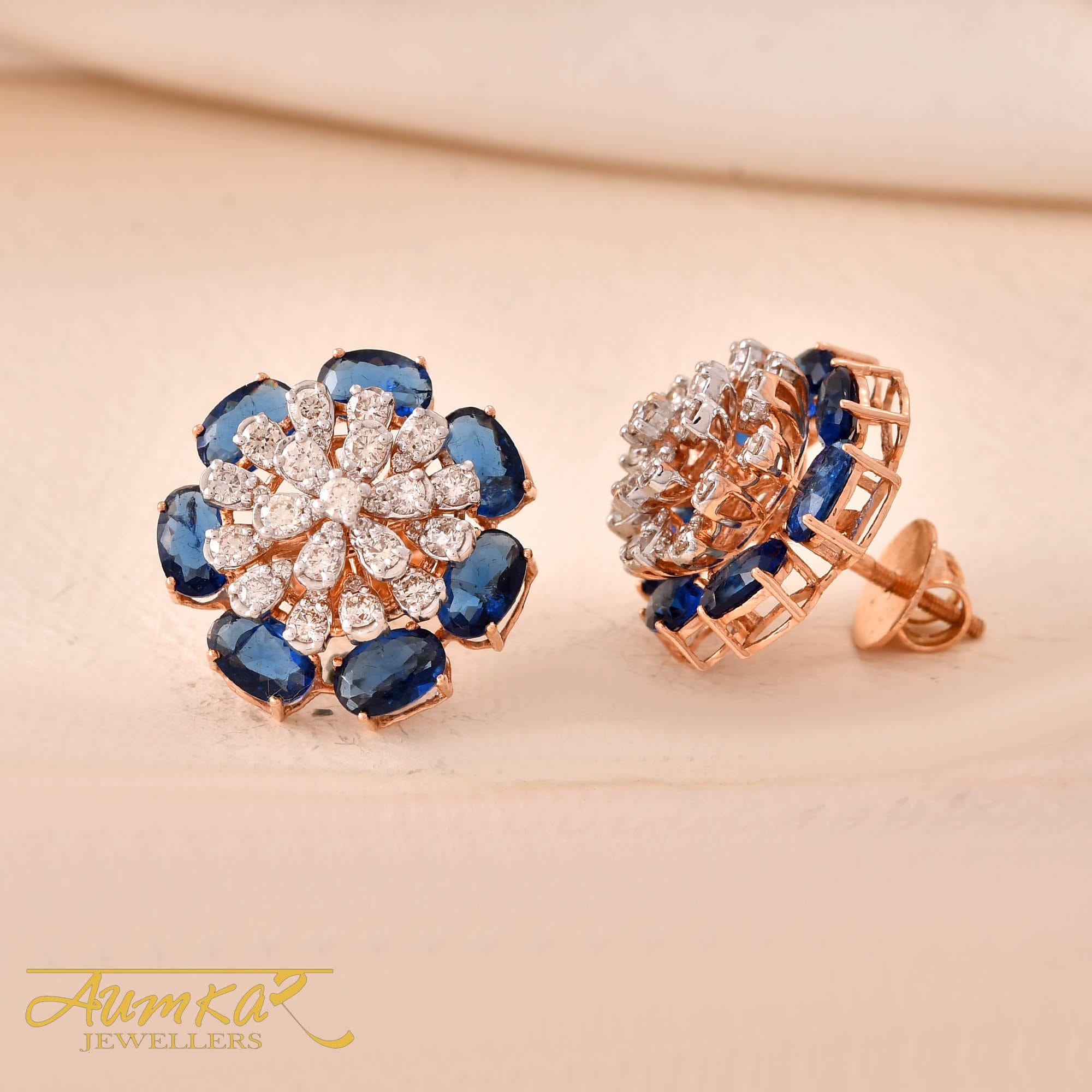 Blue Stone Flower Stud Earrings With Diamond Accents