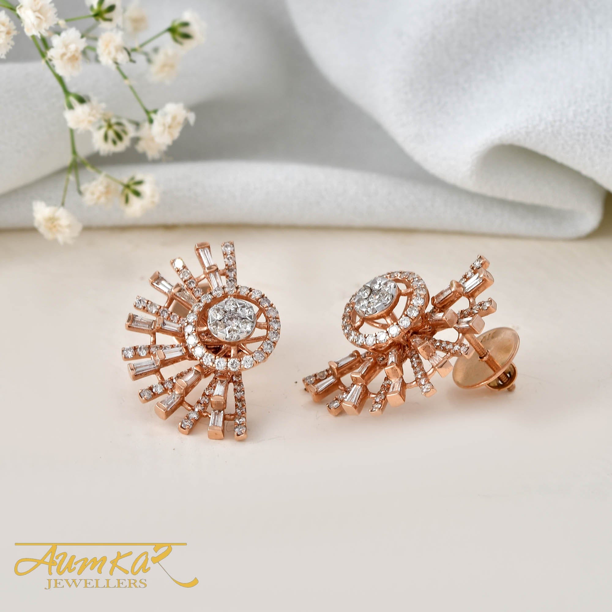 Sunburst Diamond Stud Earrings For Women Rose Gold