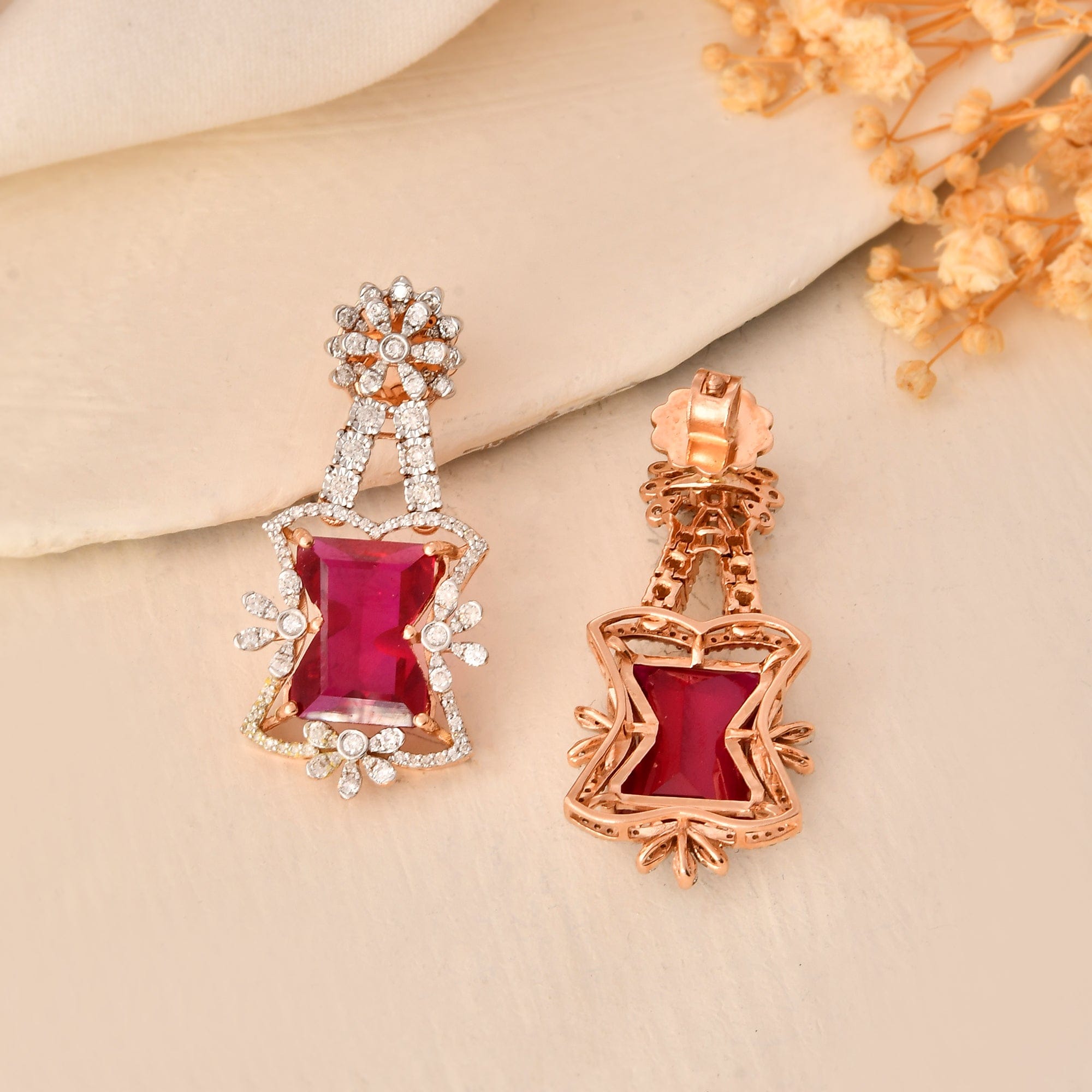 Red Stone Dangler Earrings For Women With Diamonds