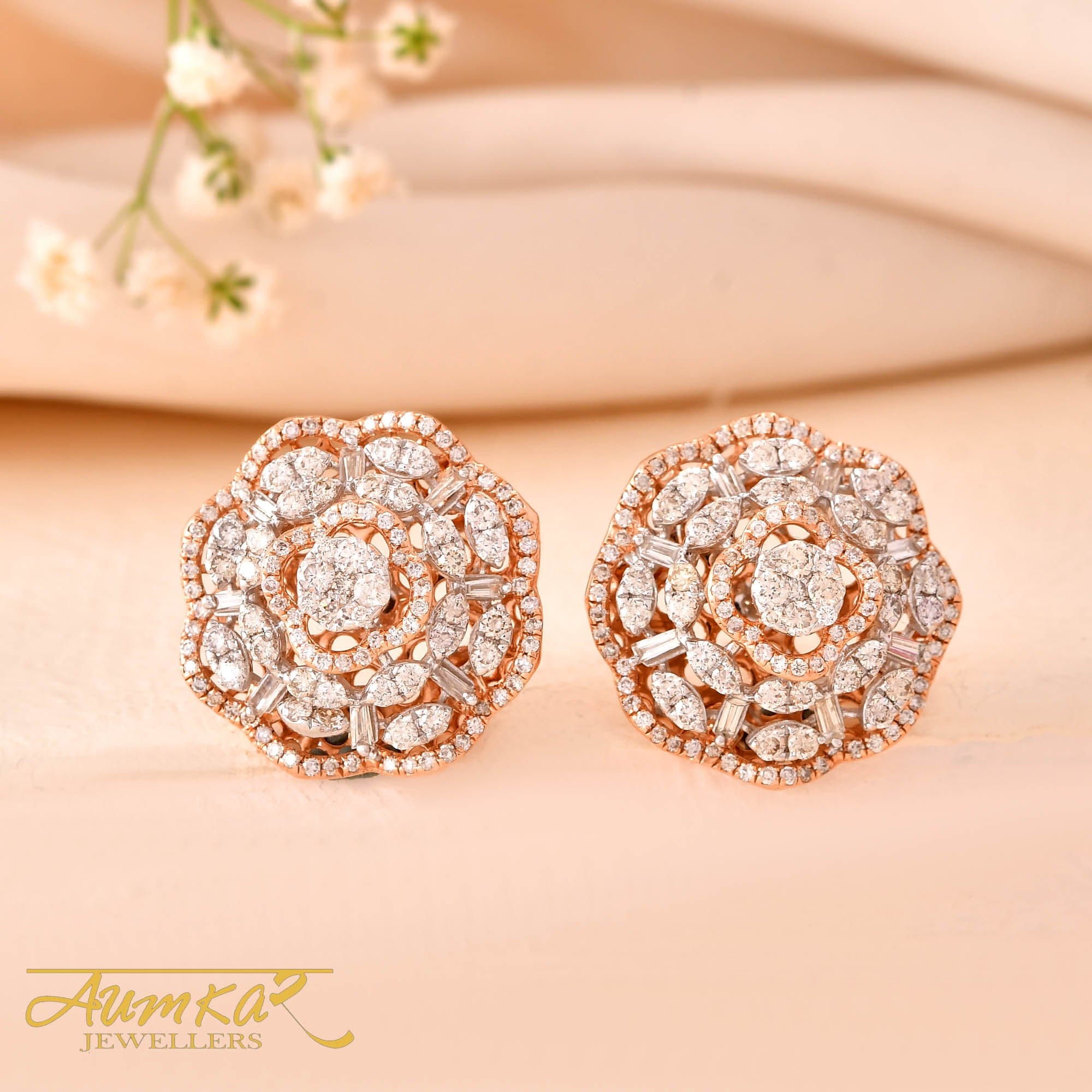 Floral Diamond Cluster Stud Earrings For Women