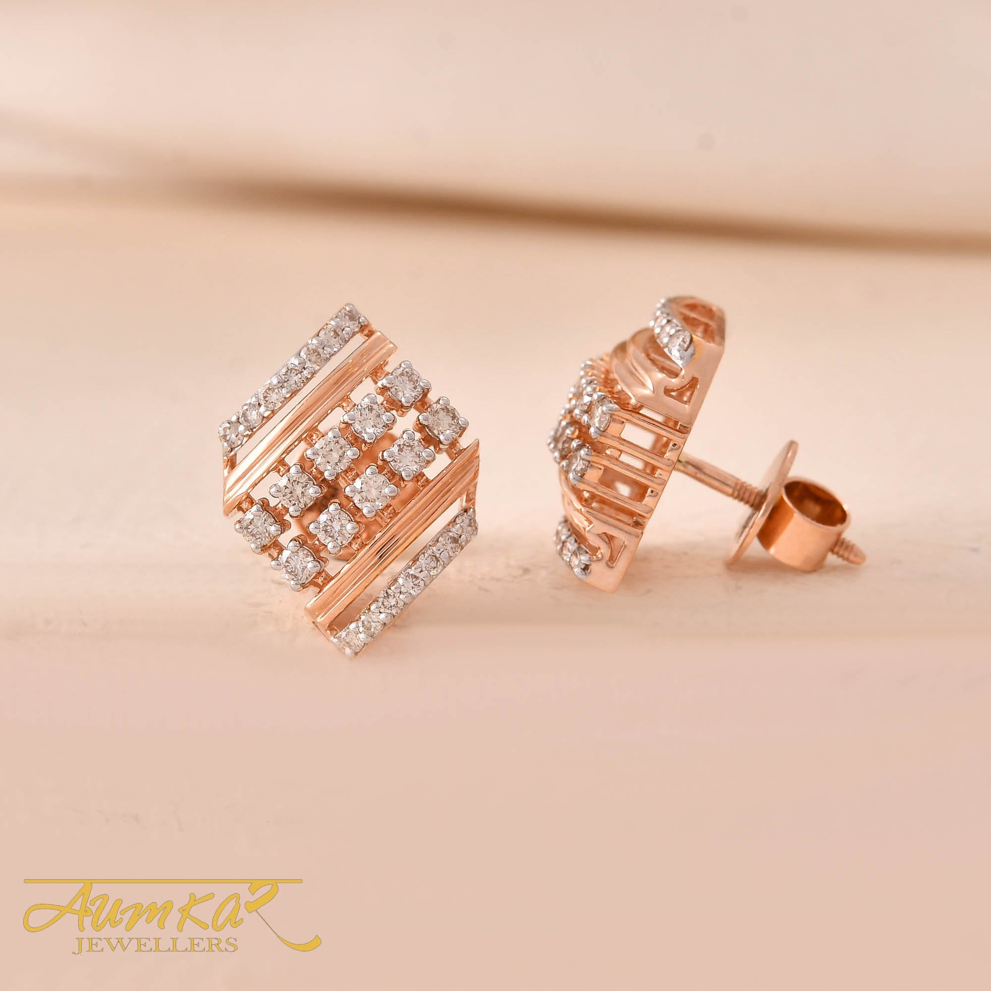 Rose Gold Diamond Stud Earrings For Women Geometric Design