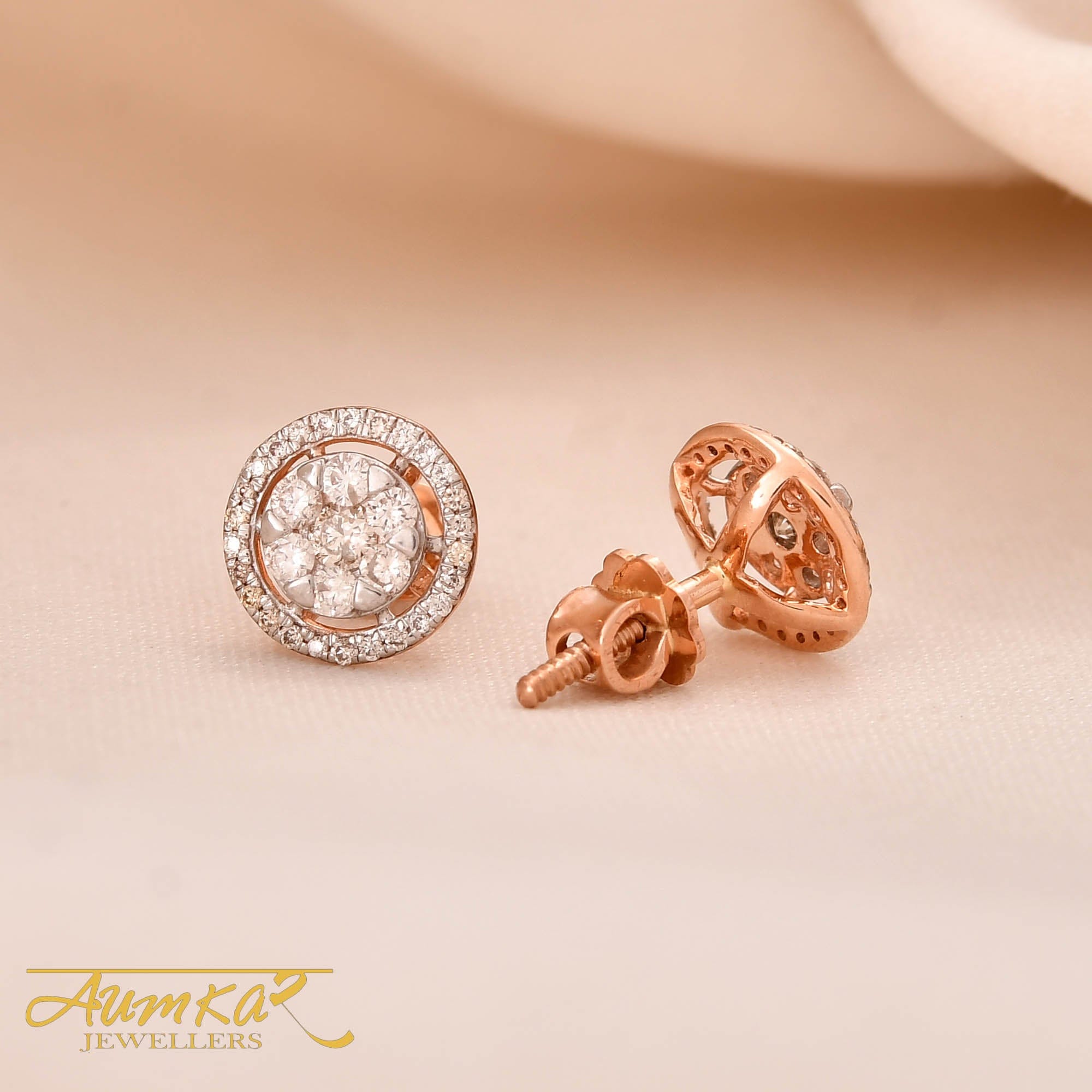 Women's Diamond Halo Stud Earrings Custom Gold Options