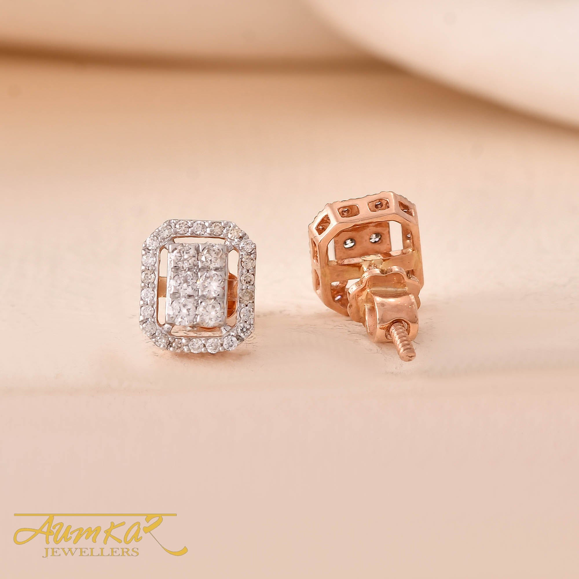 Diamond Cluster Stud Earrings For Women Rose Gold Finish