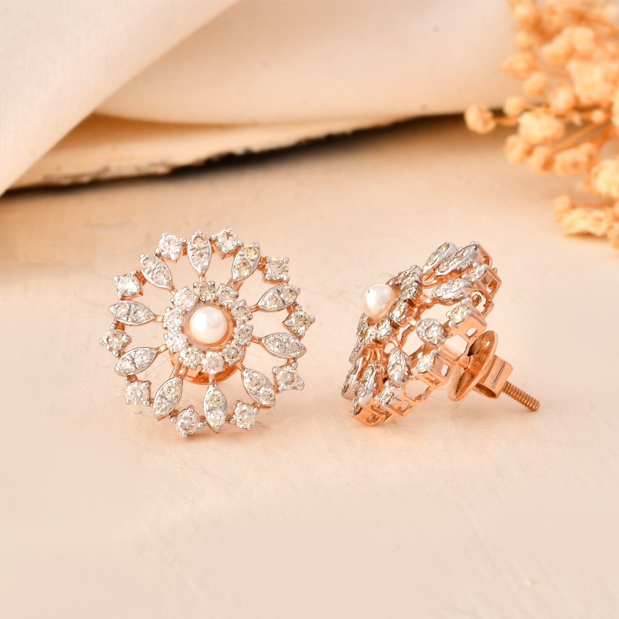 Floral Pearl Diamond Stud Earrings For Women Wedding Gift