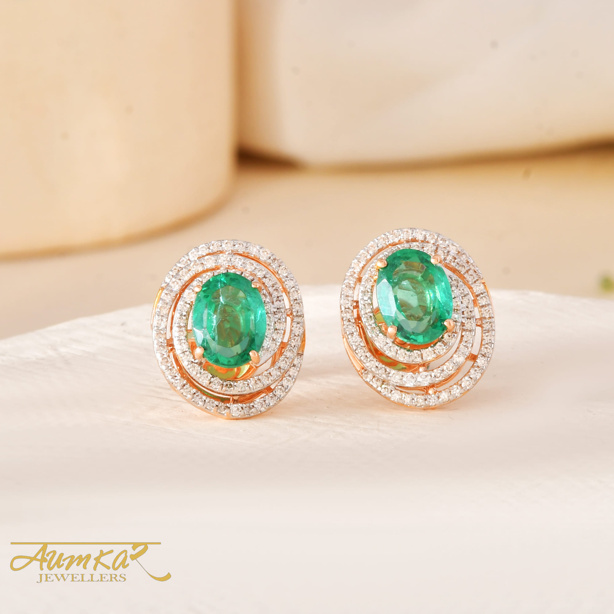 Green Stone Stud Earrings With Diamond Halo For Women