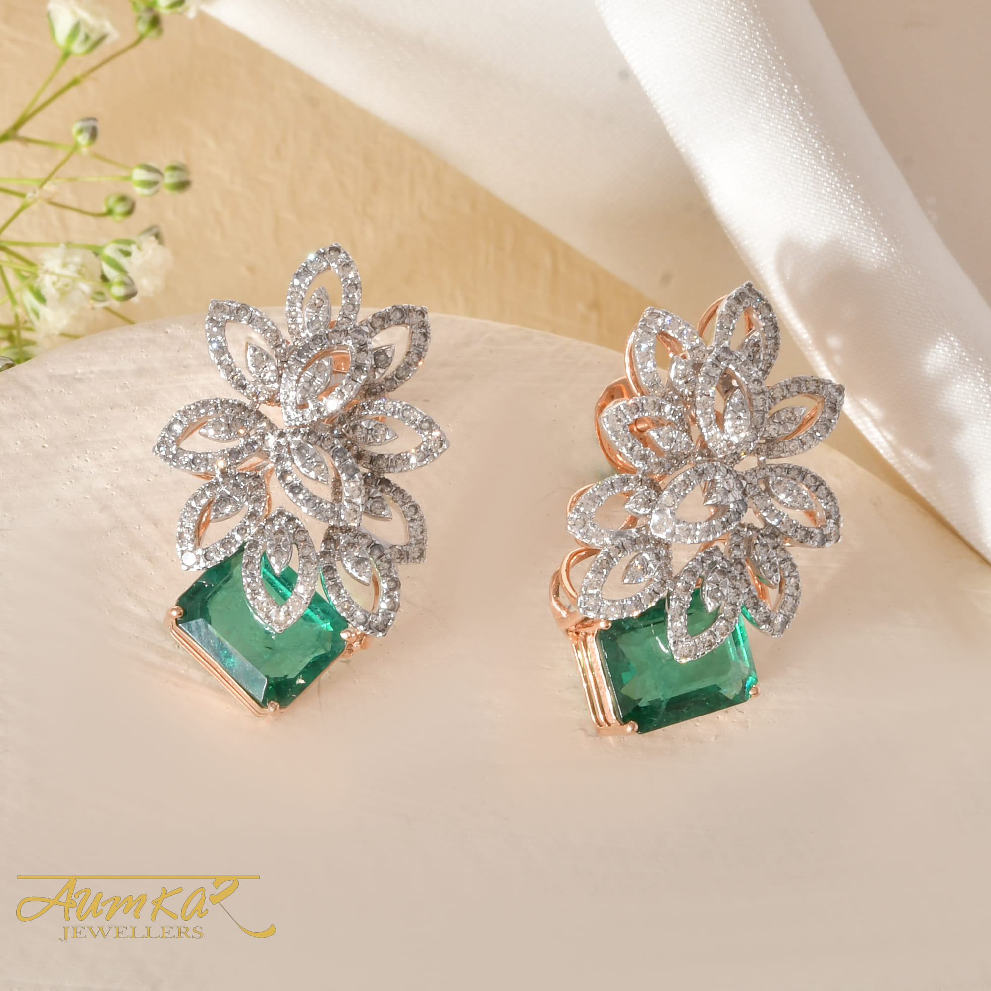 Green Stone Floral Earrings Women's Diamond Wedding Jewelry