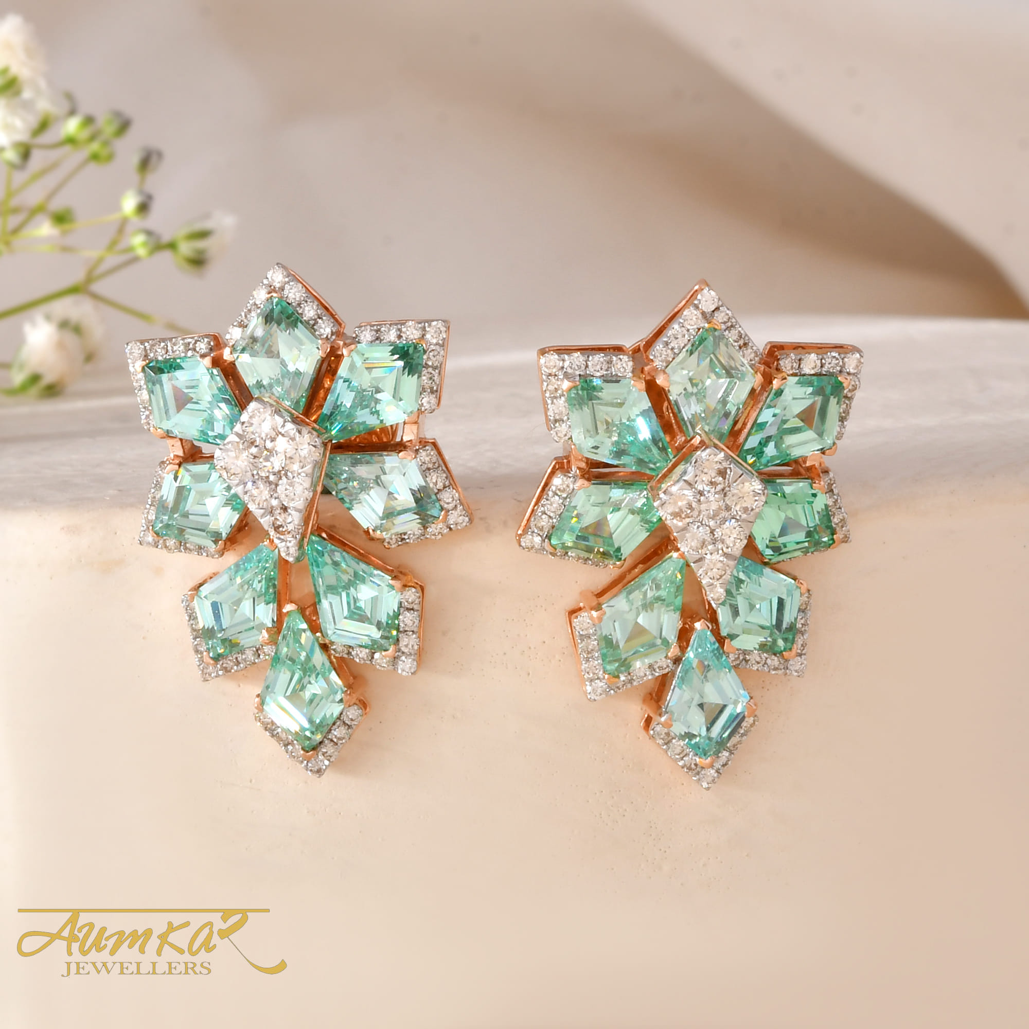 Luxury Green Stone Cluster Drop Earrings With Diamonds
