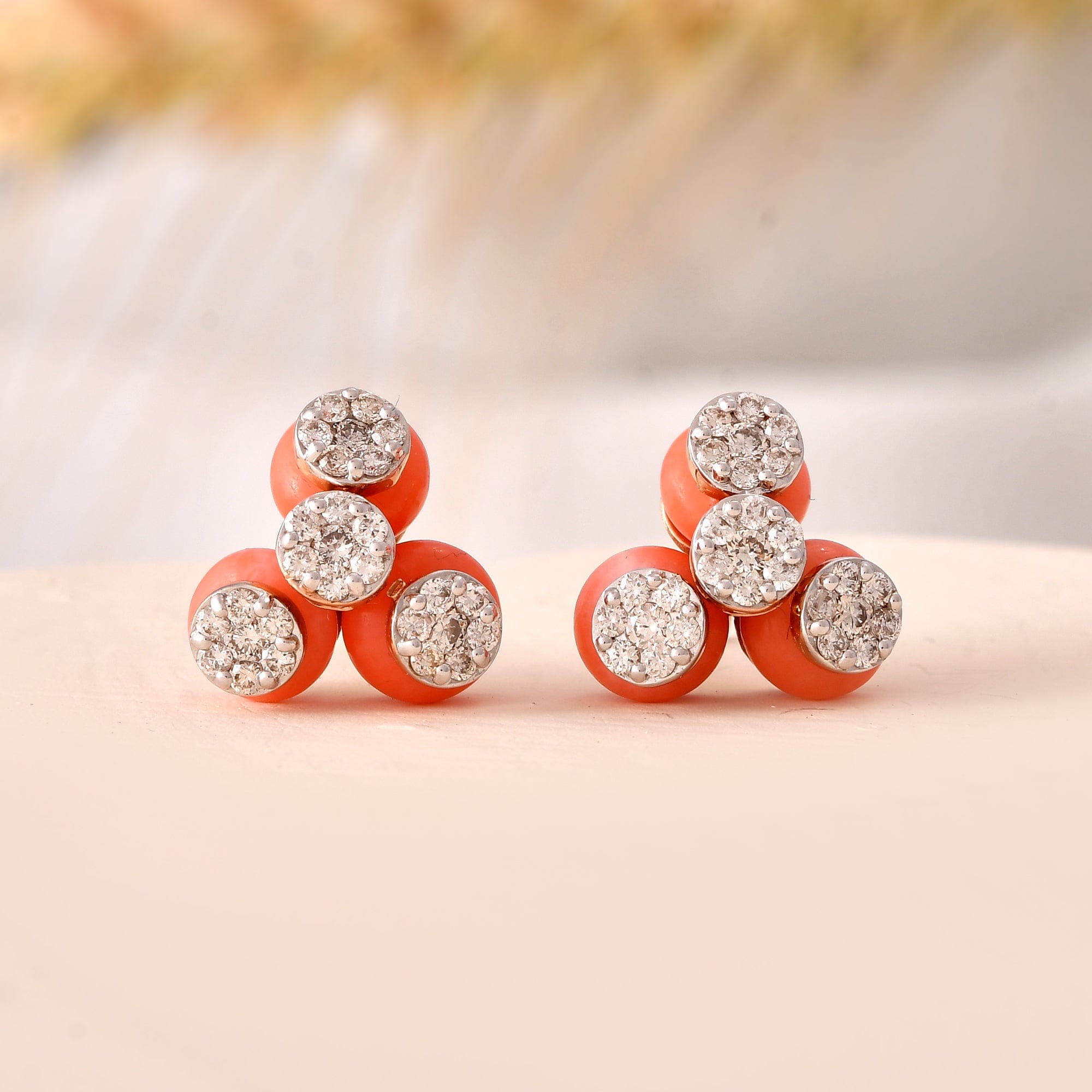 Coral Diamond Cluster Stud Earrings For Women