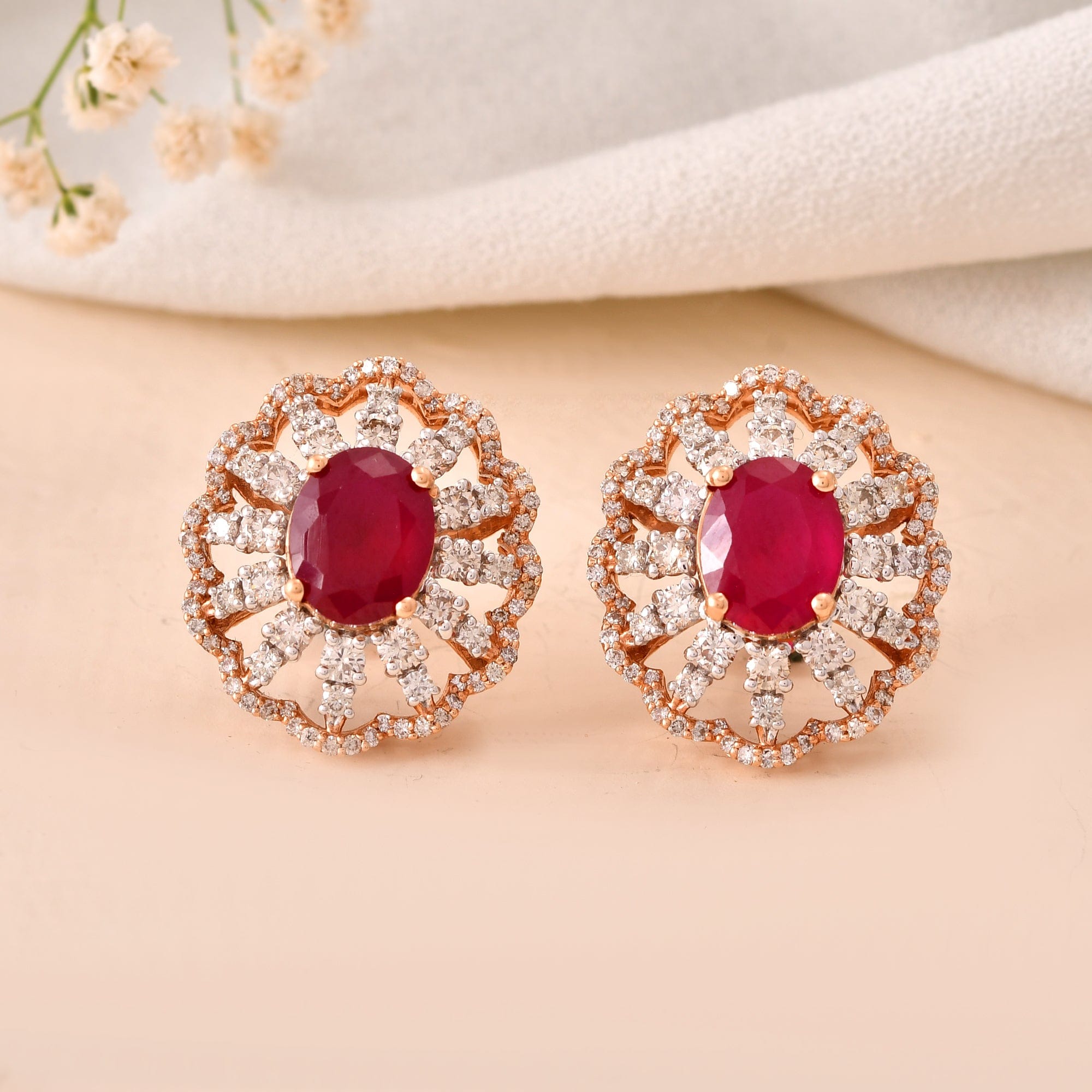 Luxury Ruby Red Halo Stud Earrings With Diamonds For Women
