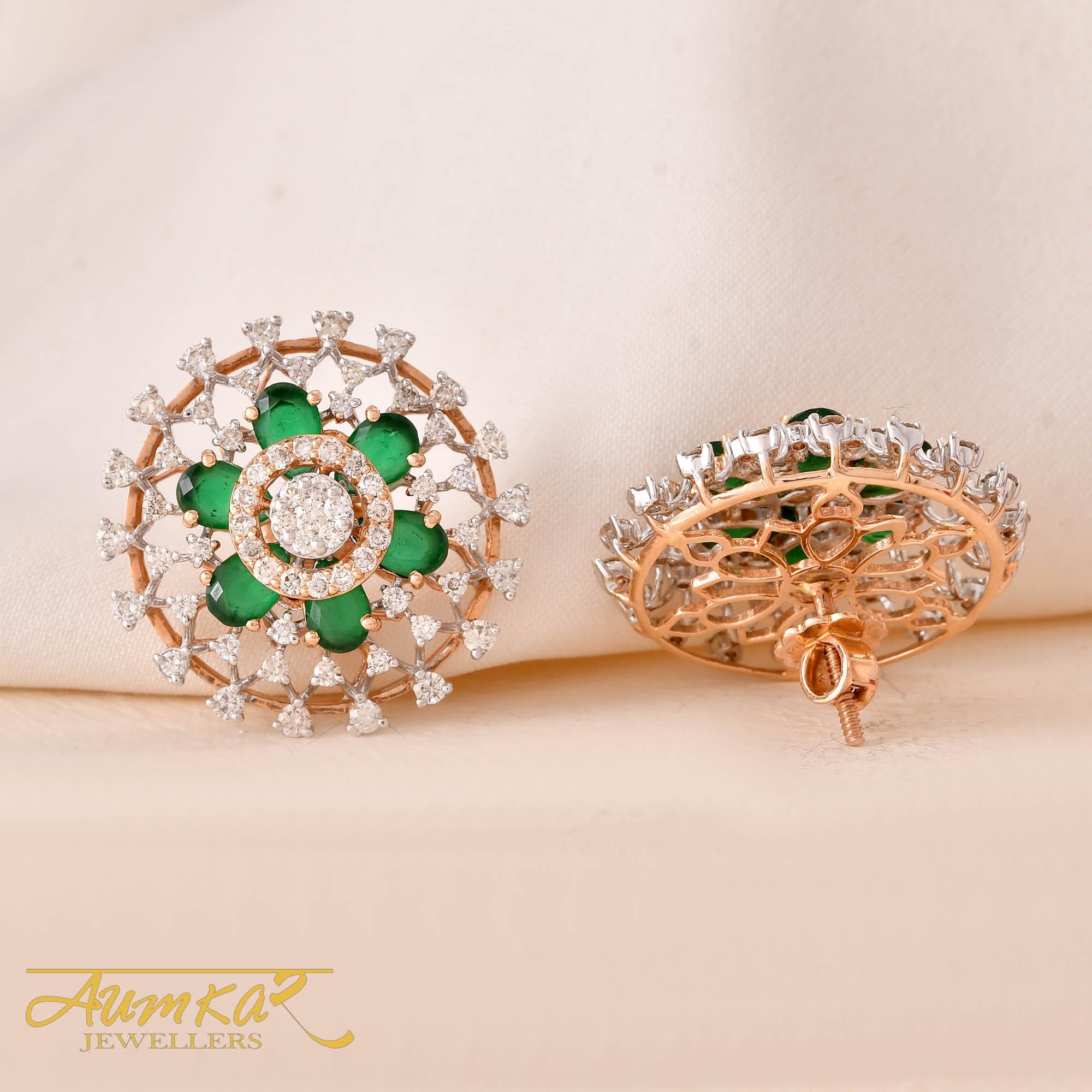 Green Stone Diamond Halo Stud Earrings For Women