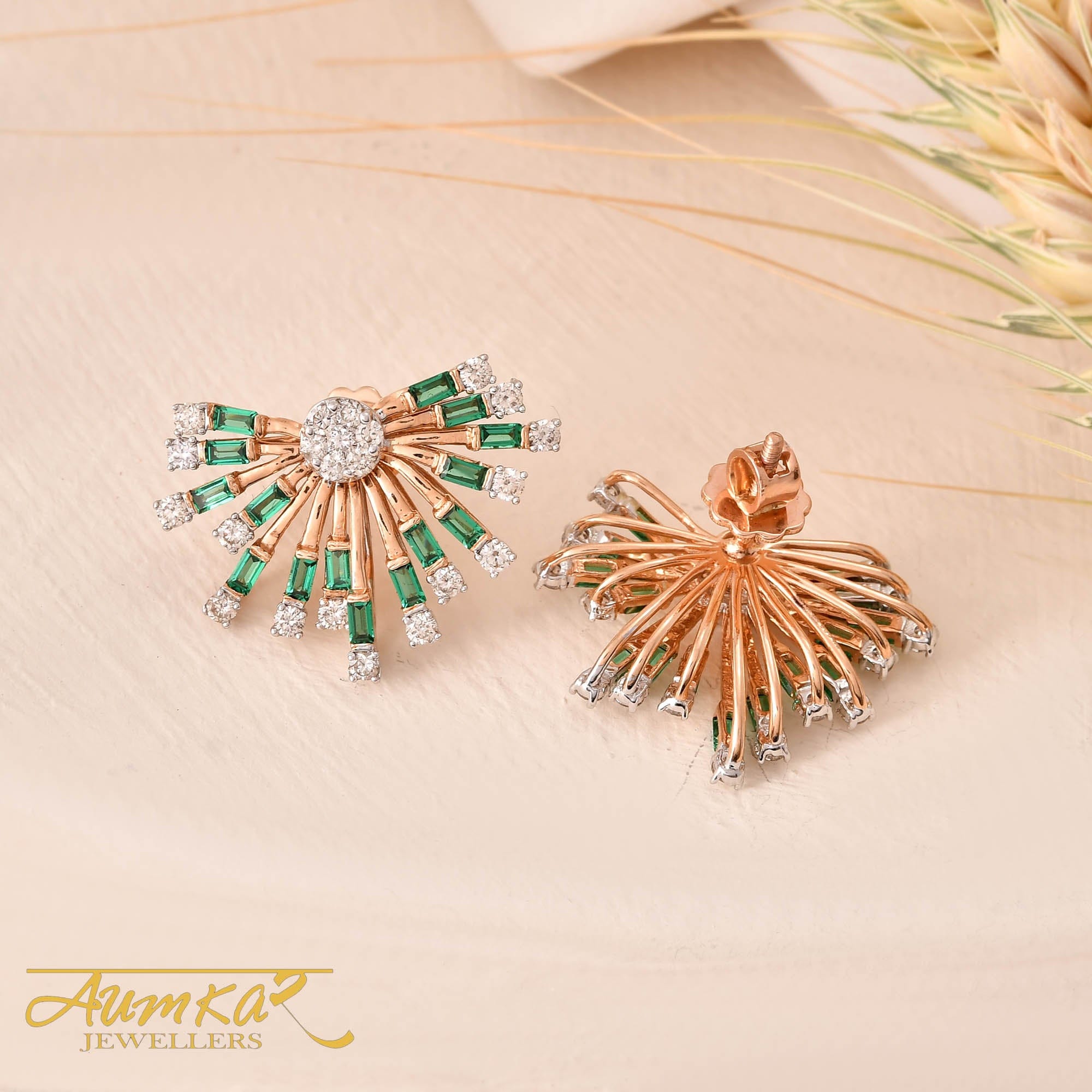 Green Stone Diamond Starburst Earrings Rose Gold
