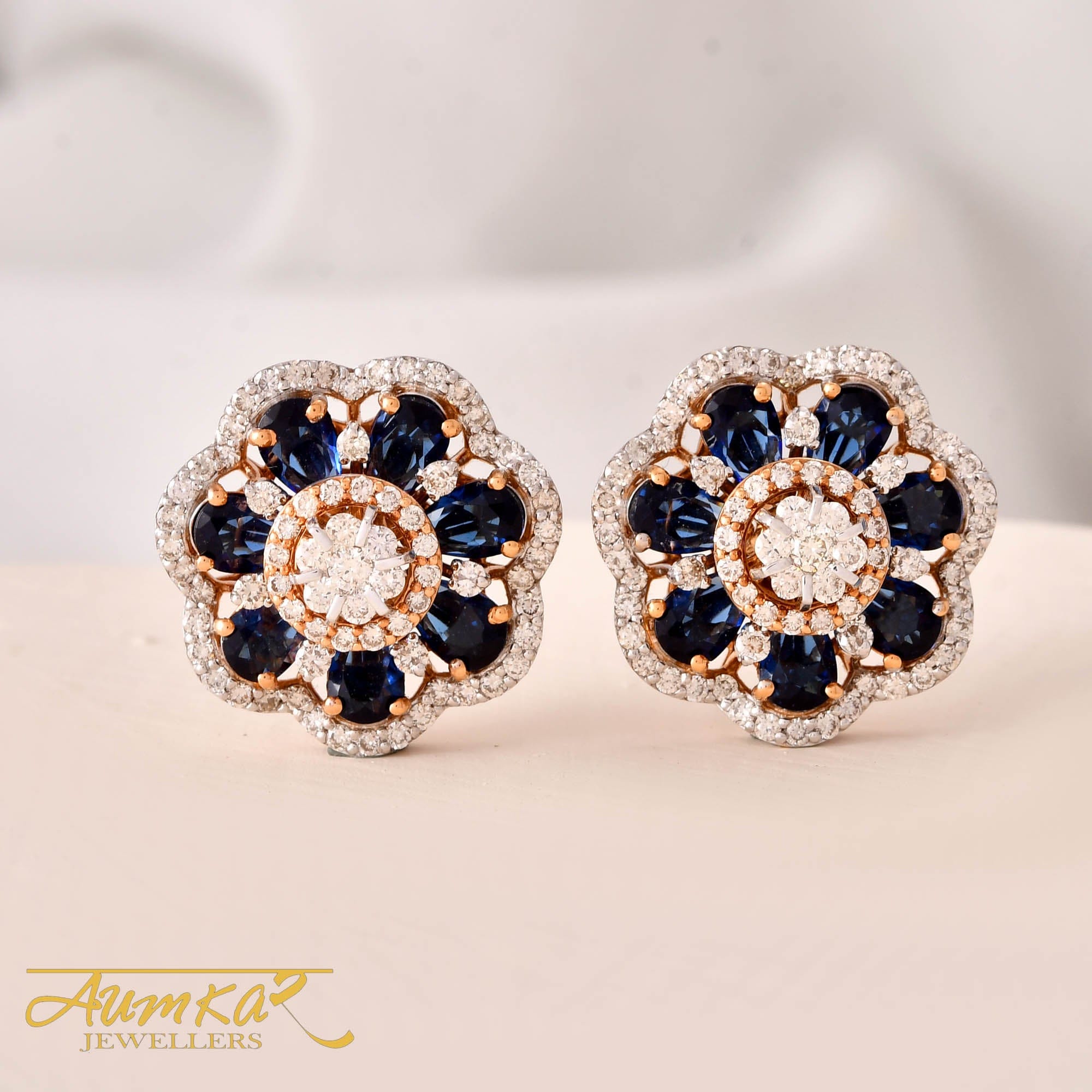 Blue Sapphire Look Floral Diamond Stud Earrings For Women