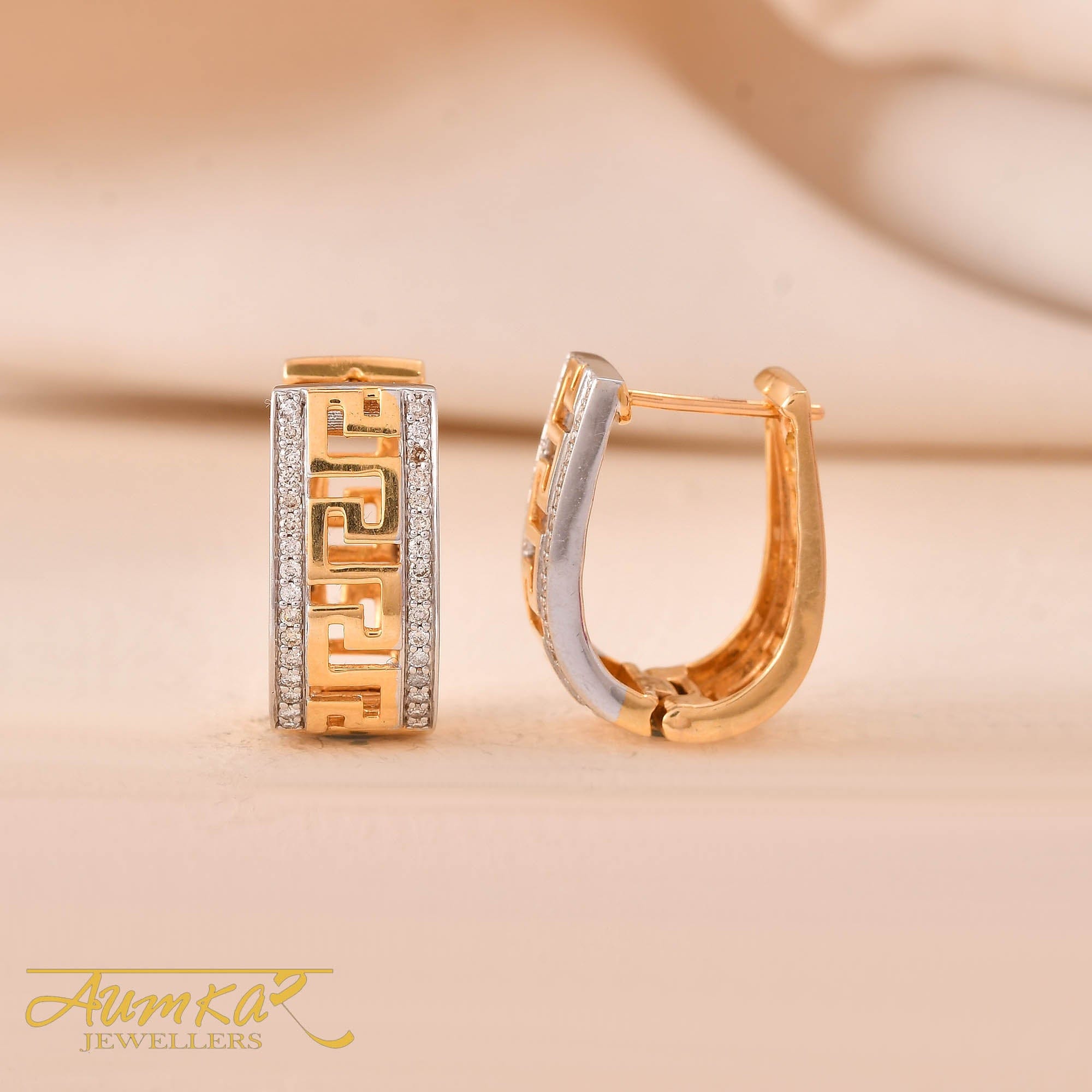 Greek Key Pattern Diamond Bali Earrings For Women