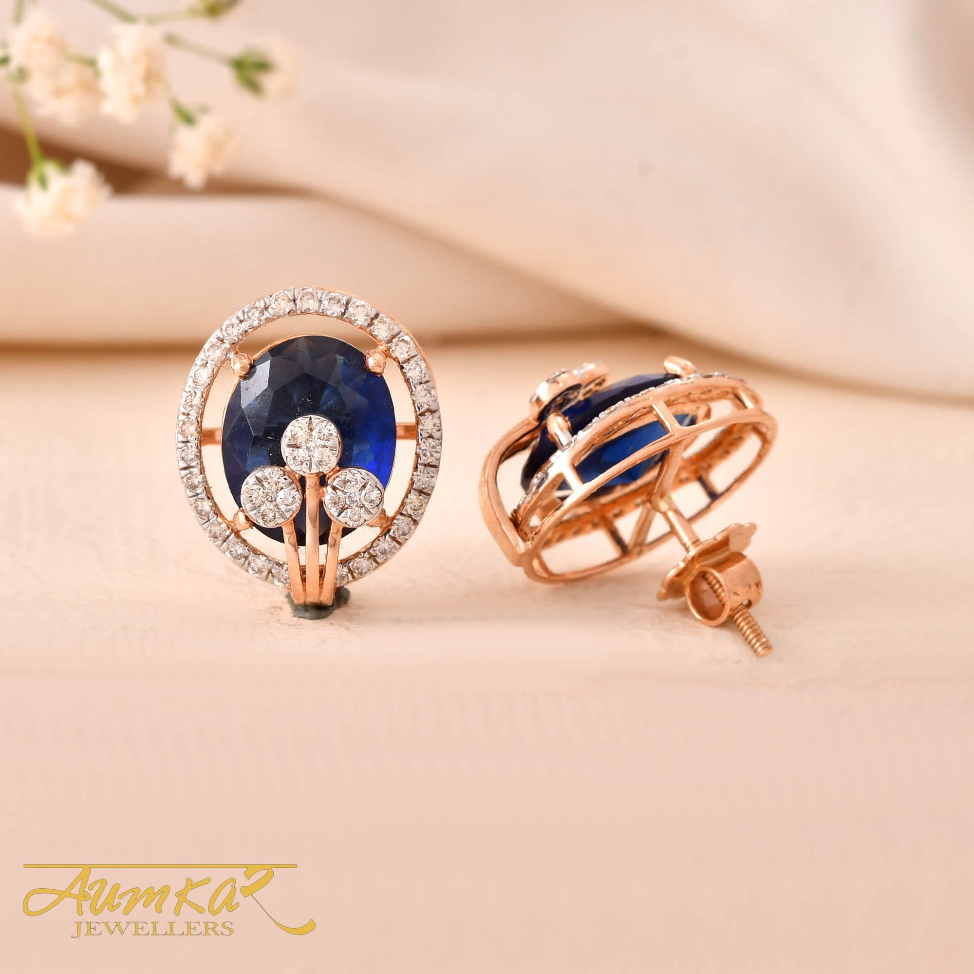 Blue Stone Diamond Halo Stud Earrings For Women