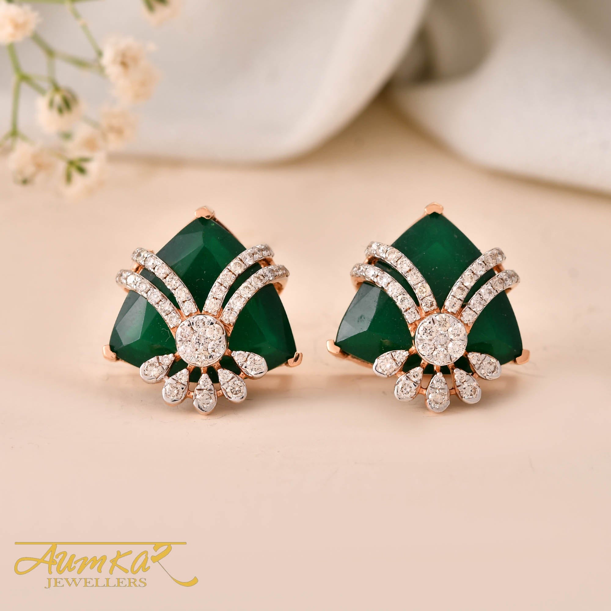 Green Stone Stud Earrings With Diamond Accents For Women
