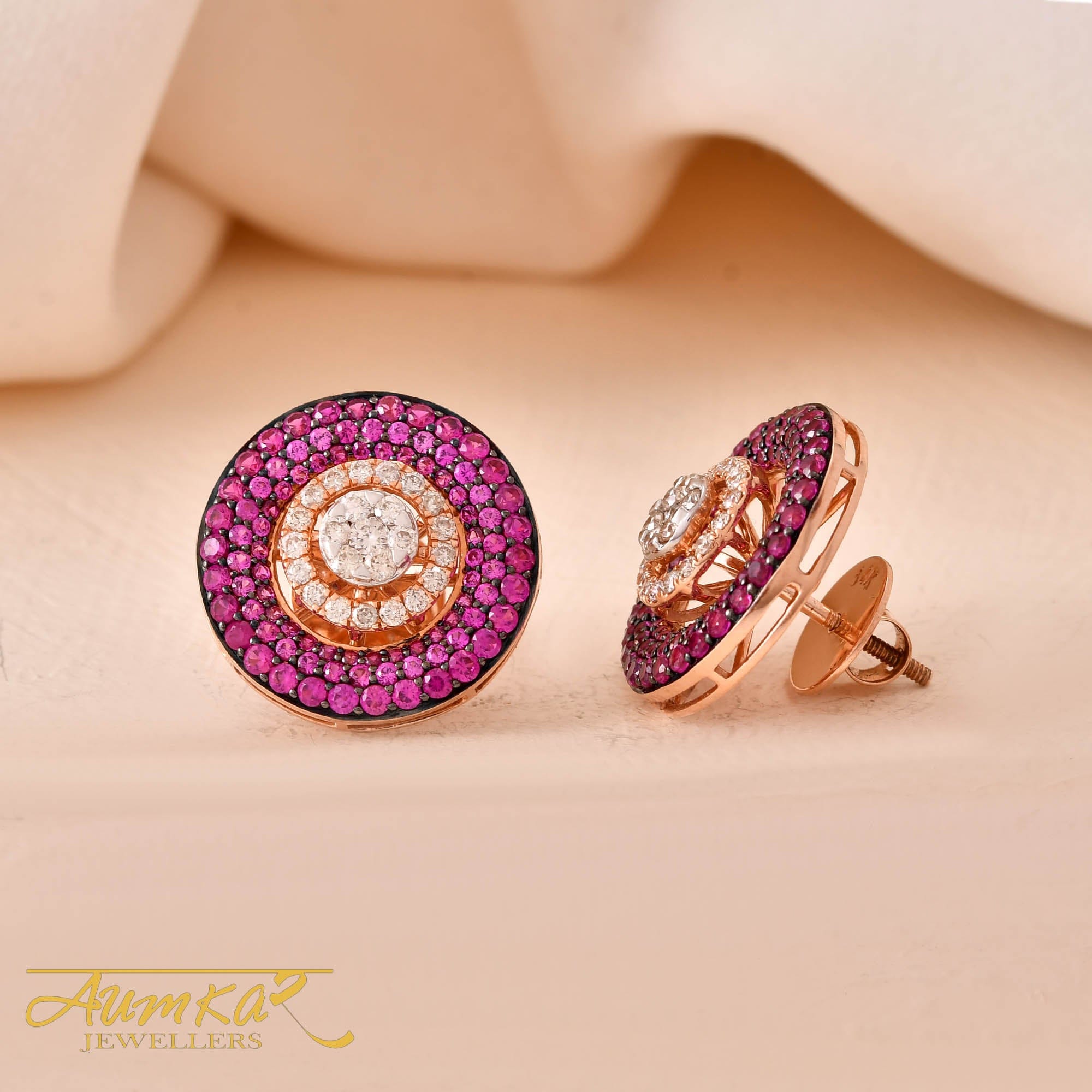 Red Stone Diamond Stud Earrings For Women Rose Gold