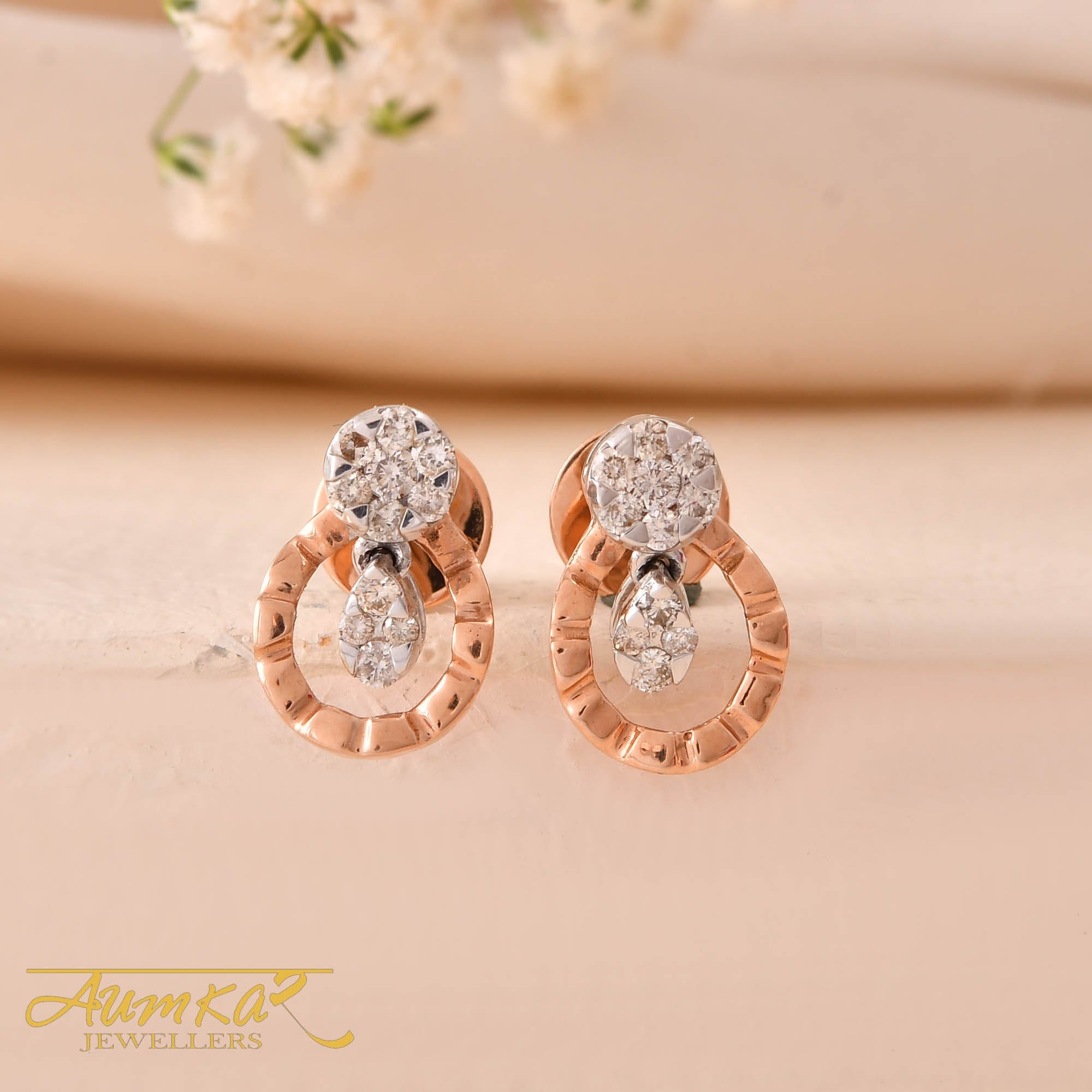 Diamond Stud Earrings For Women Rose Gold Teardrop Design
