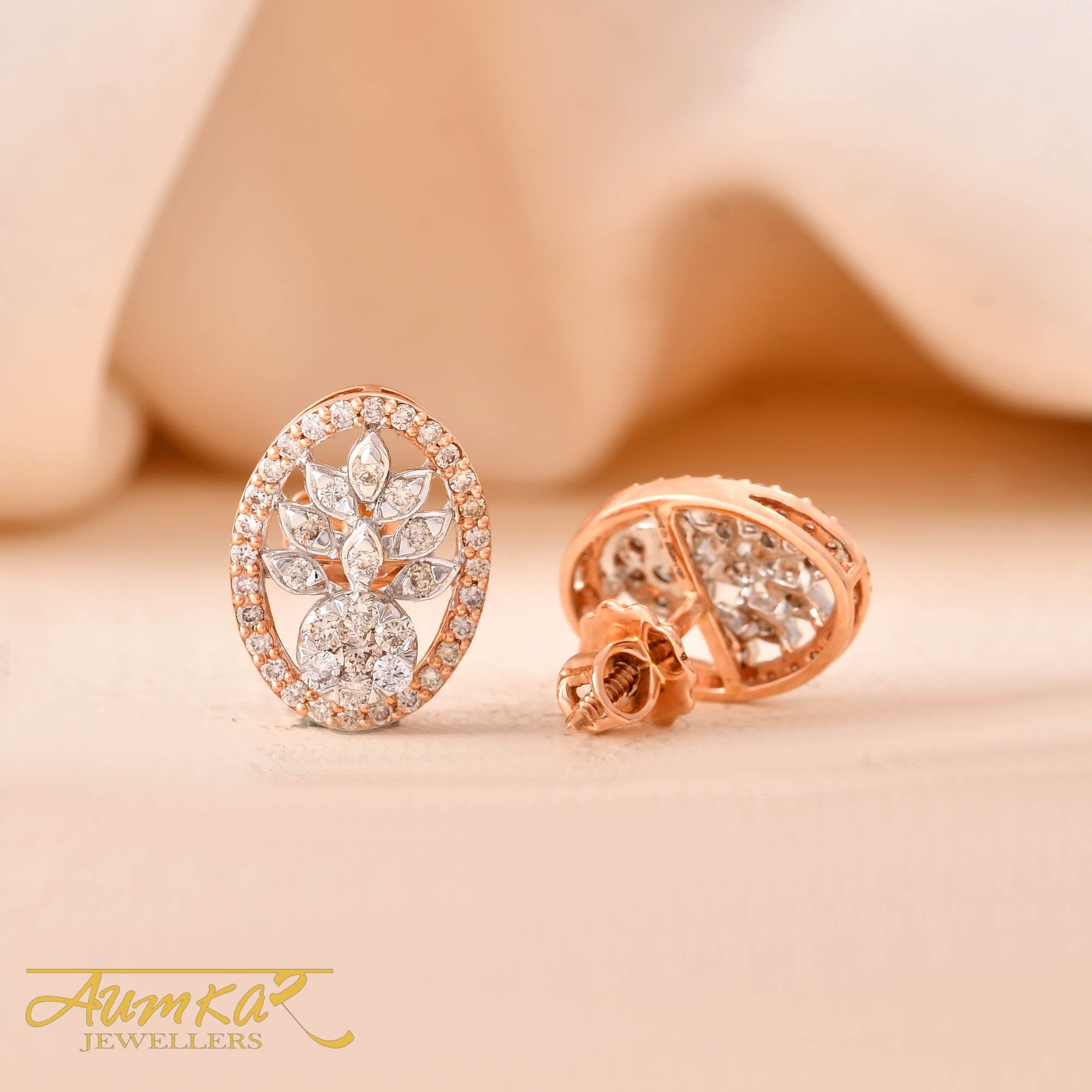 Floral Diamond Stud Earrings For Women Oval Design