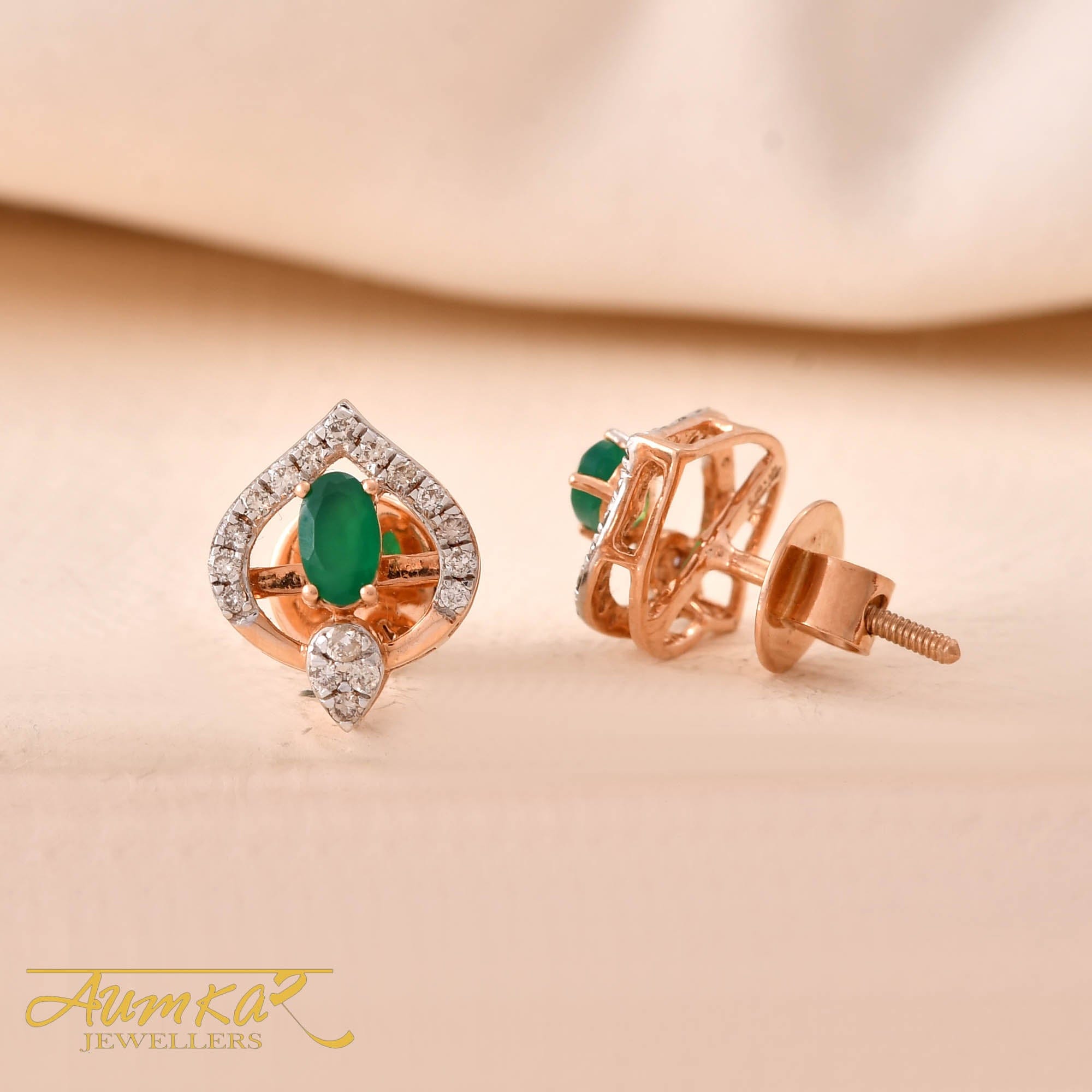 Green Stone Diamond Stud Earrings For Women Rose Gold