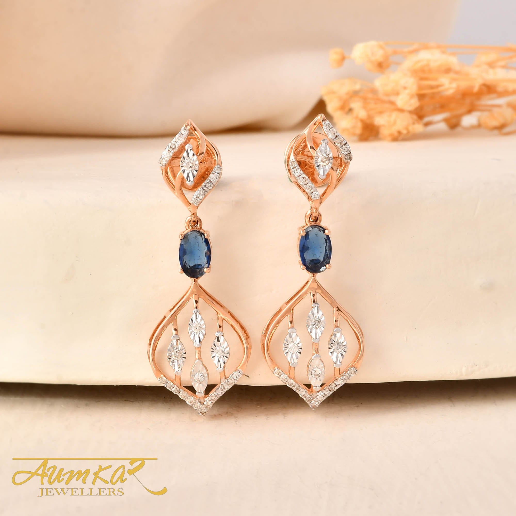 Blue Stone Rose Gold Dangler Earrings For Women Wedding