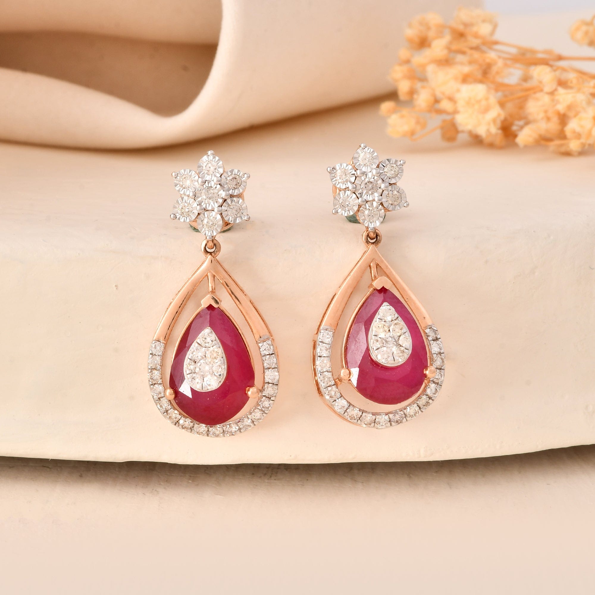 Ruby Red Teardrop Earrings With Diamond Accents For Women