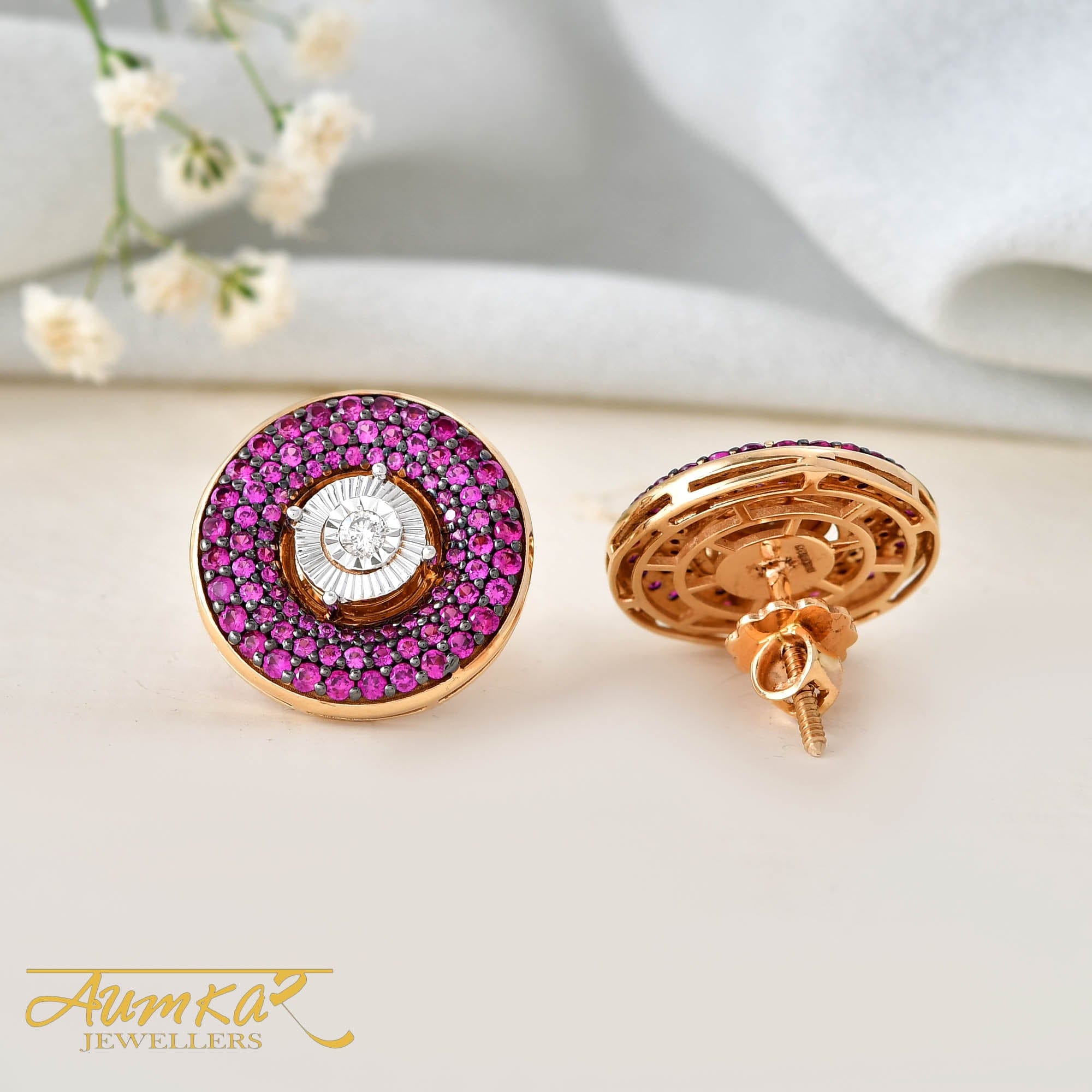 Rose Gold Diamond Stud Earrings For Women Red Stone
