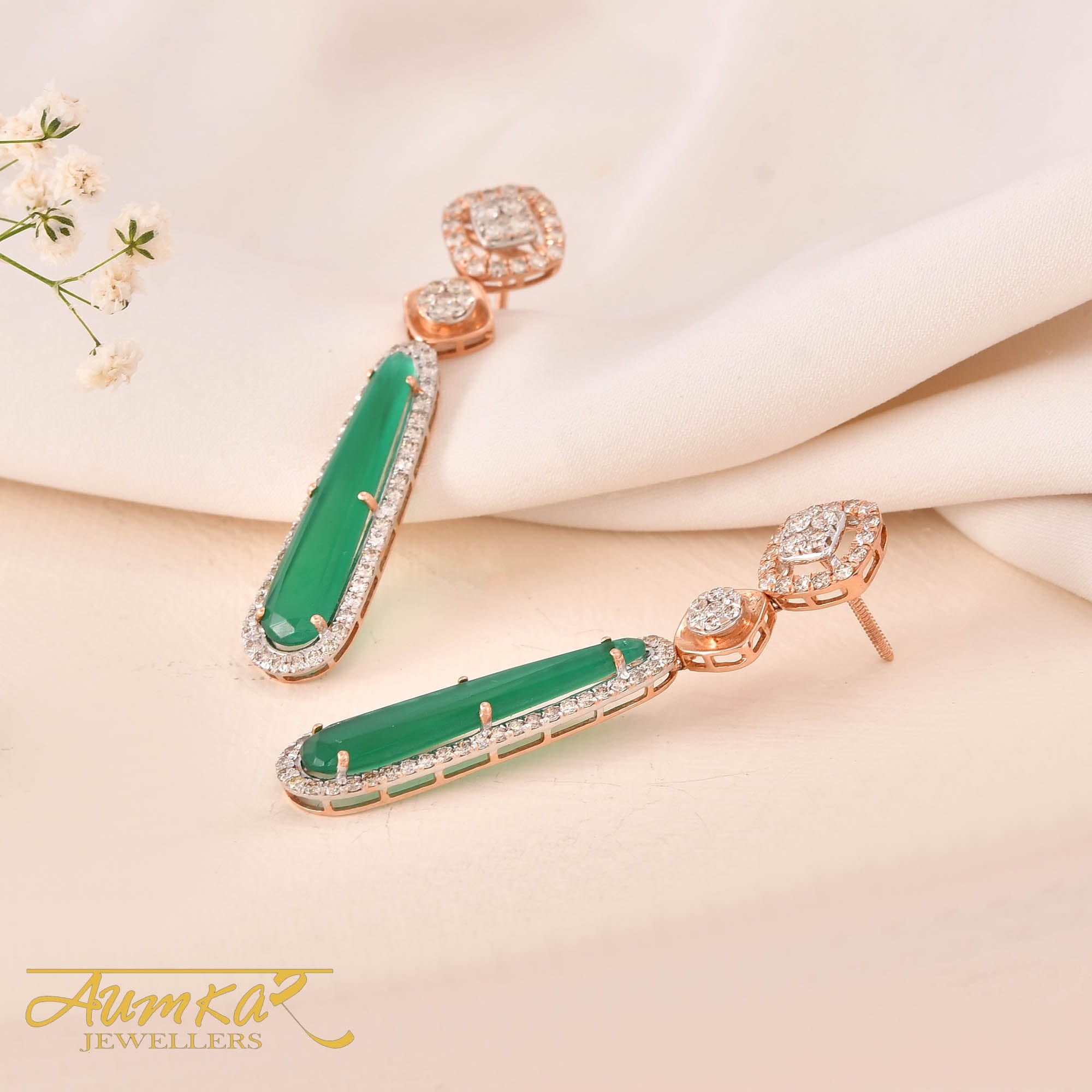 Green Stone Drop Earrings With Diamond Accents For Women
