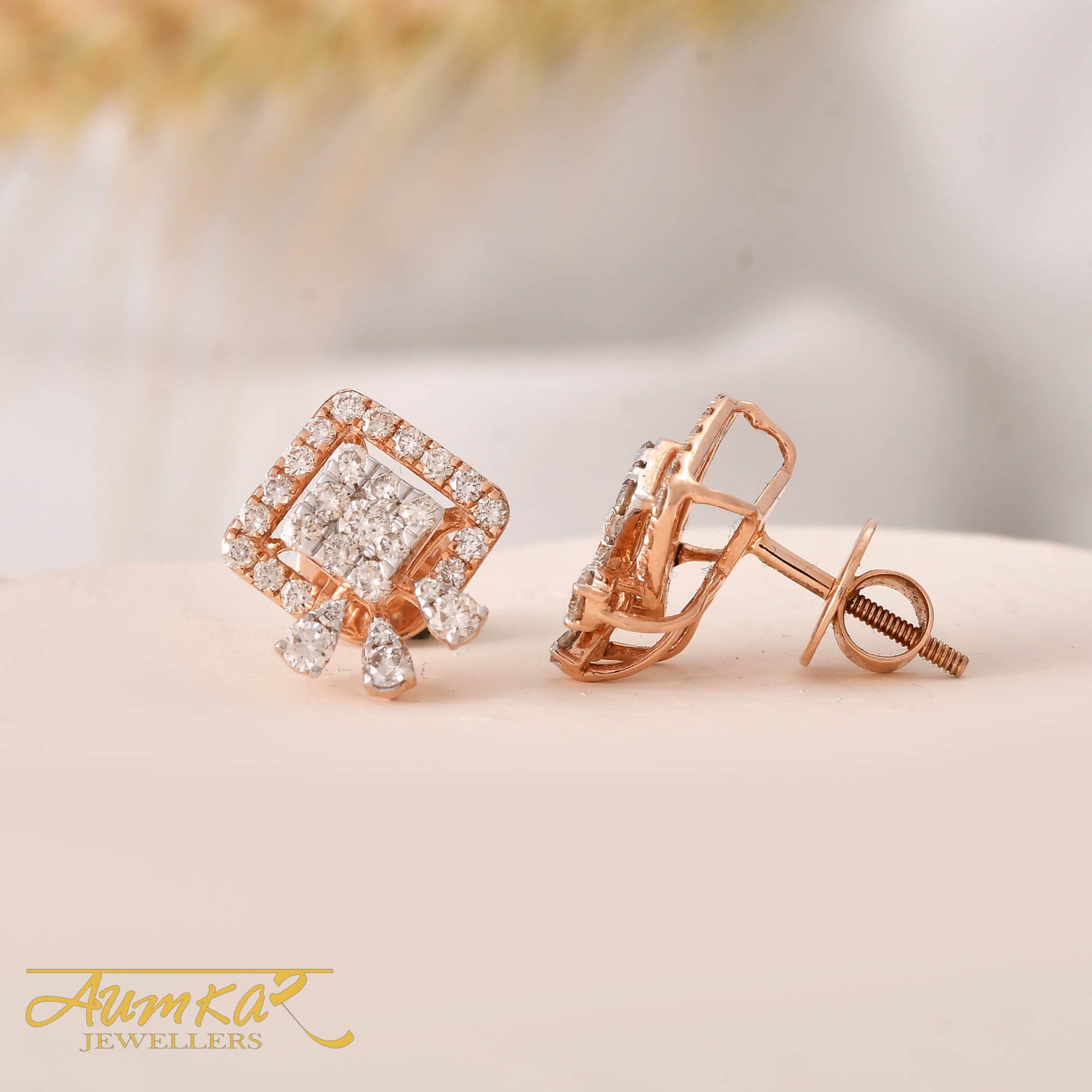 Rose Gold Diamond Stud Earrings Square Halo Design
