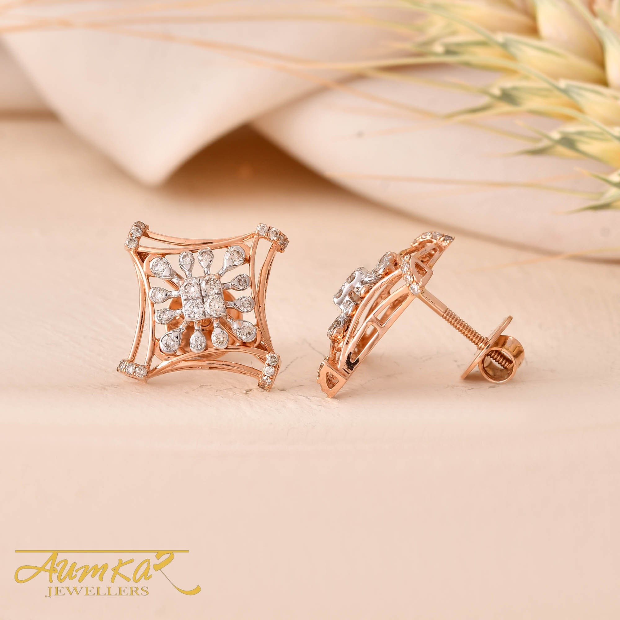 Diamond Stud Earrings For Women Square Floral Design