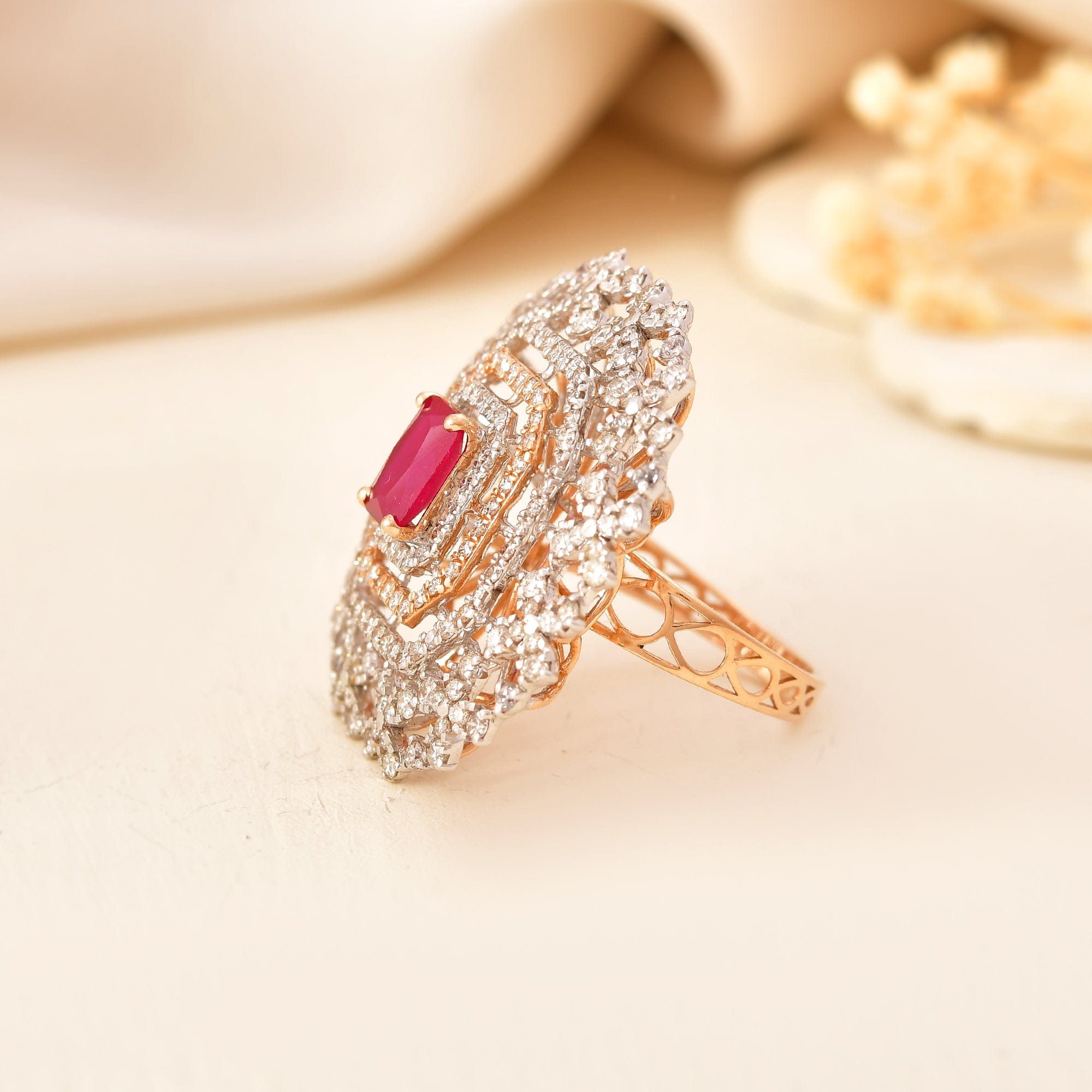 Red Stone Cocktail Ring With Diamond Halo For Women