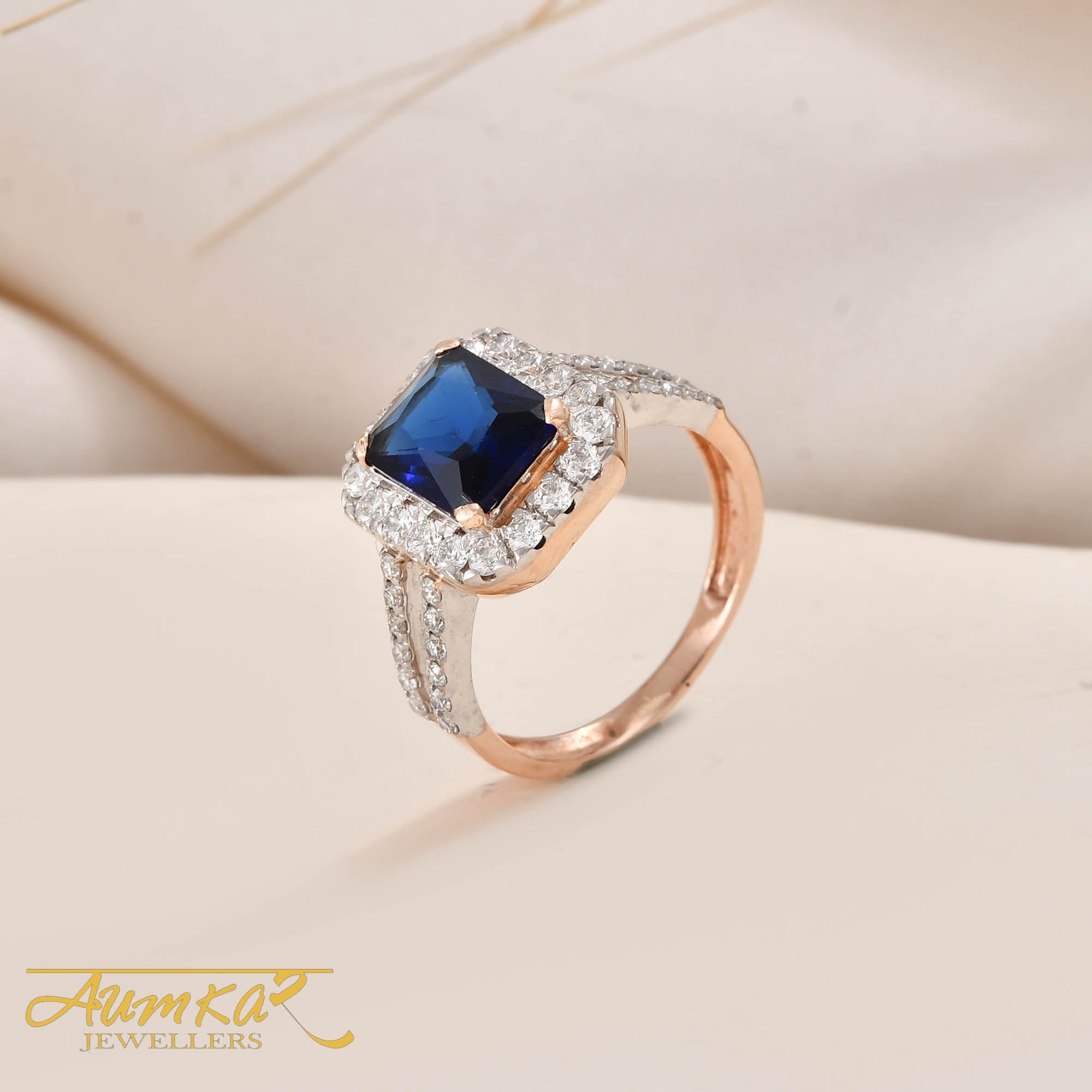 Blue Stone Halo Ring With Natural Diamonds For Women