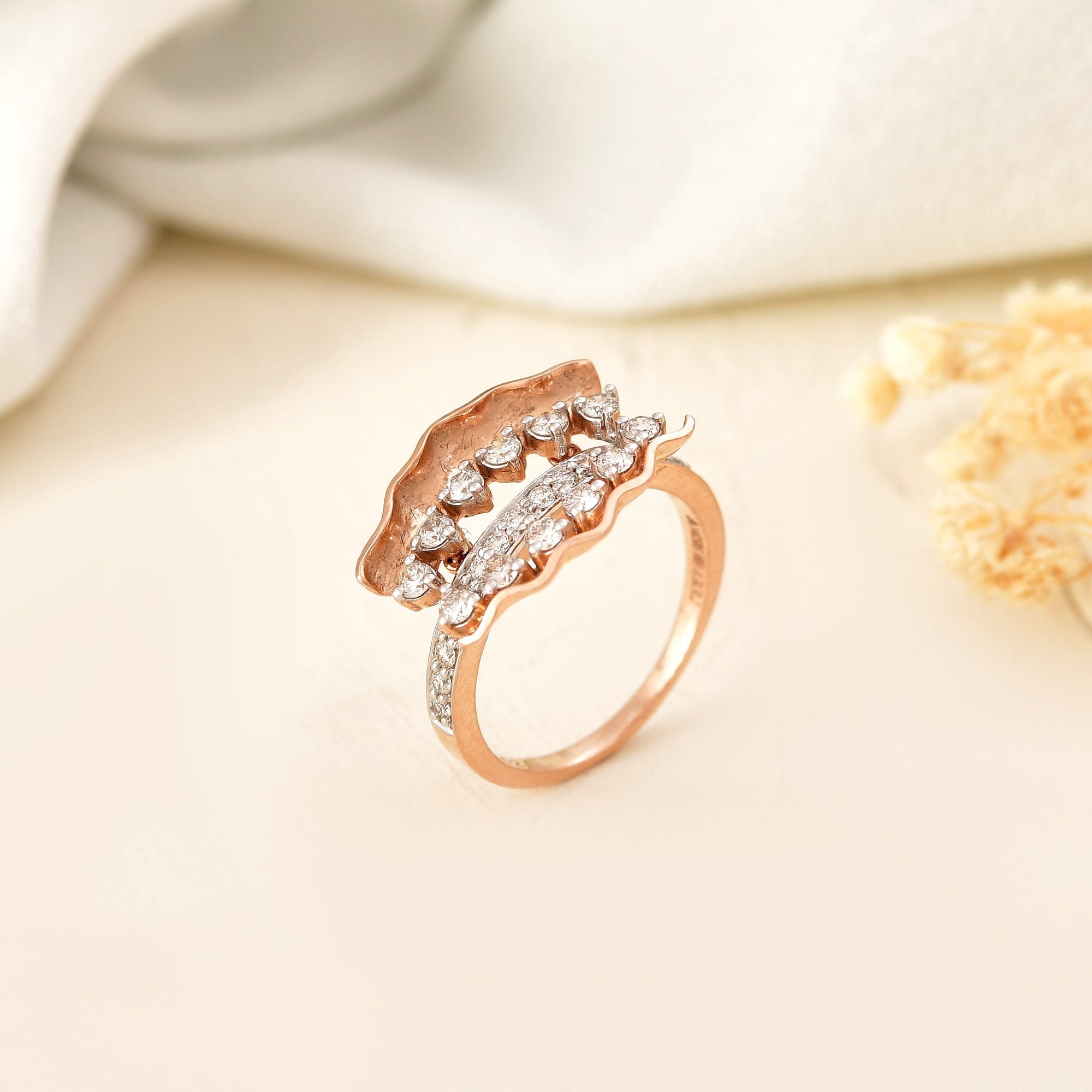 Unique Wave Design Diamond Ring For Women Rose Gold