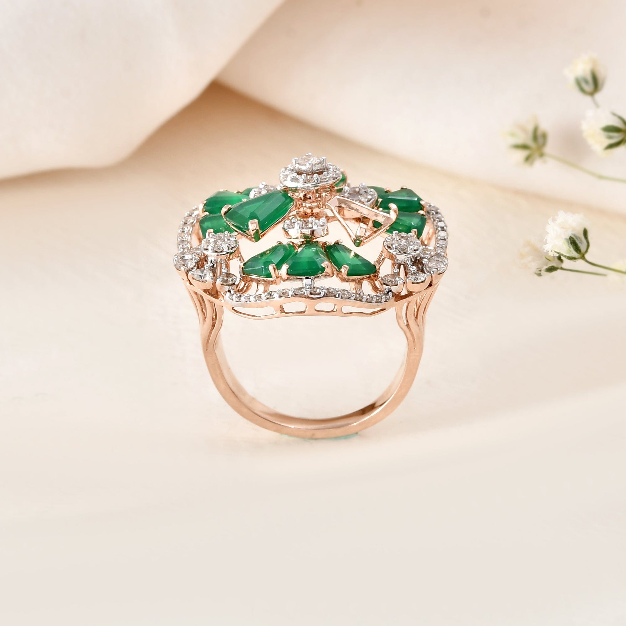 Green Stone Cocktail Ring With Diamonds For Women