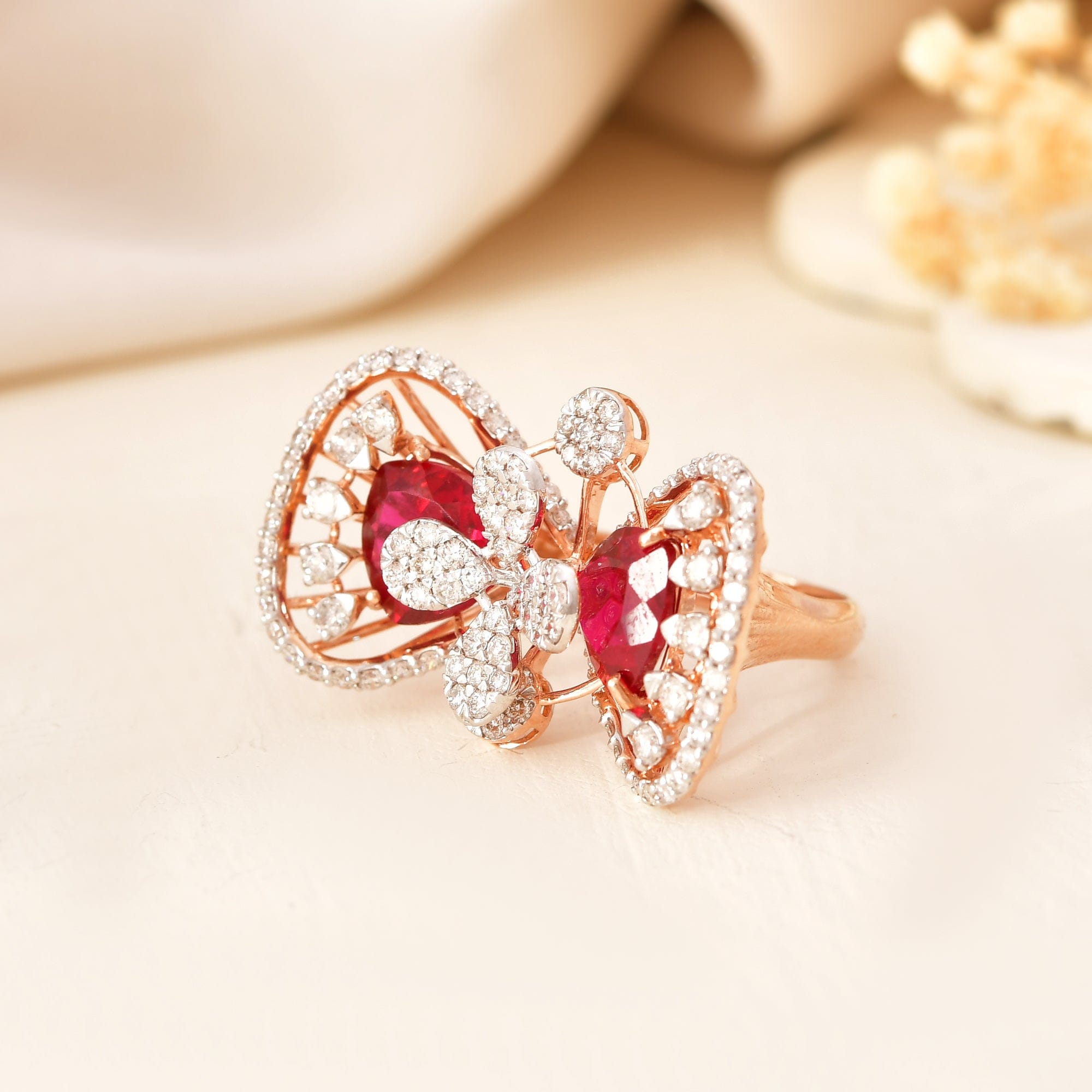 Red Butterfly Cocktail Ring With Diamonds For Women