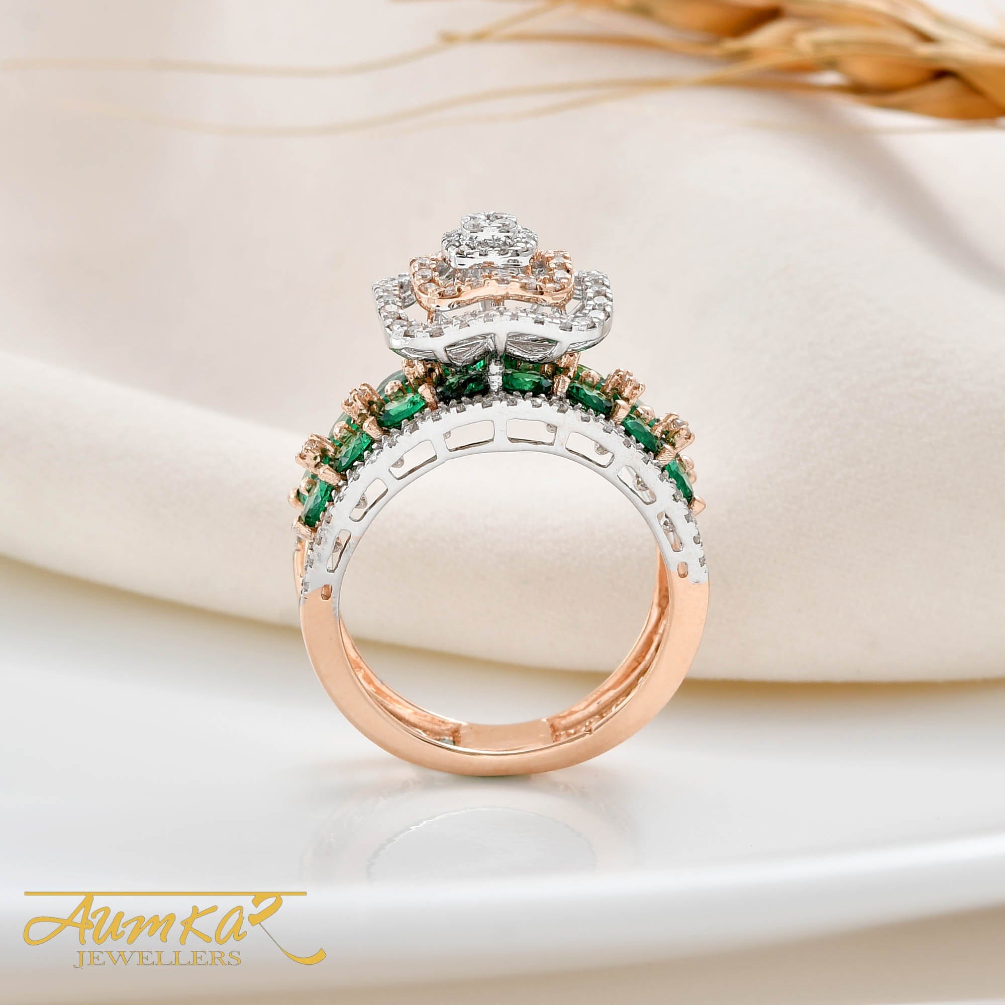 Women's Diamond Cocktail Ring With Green Stones Wedding Band