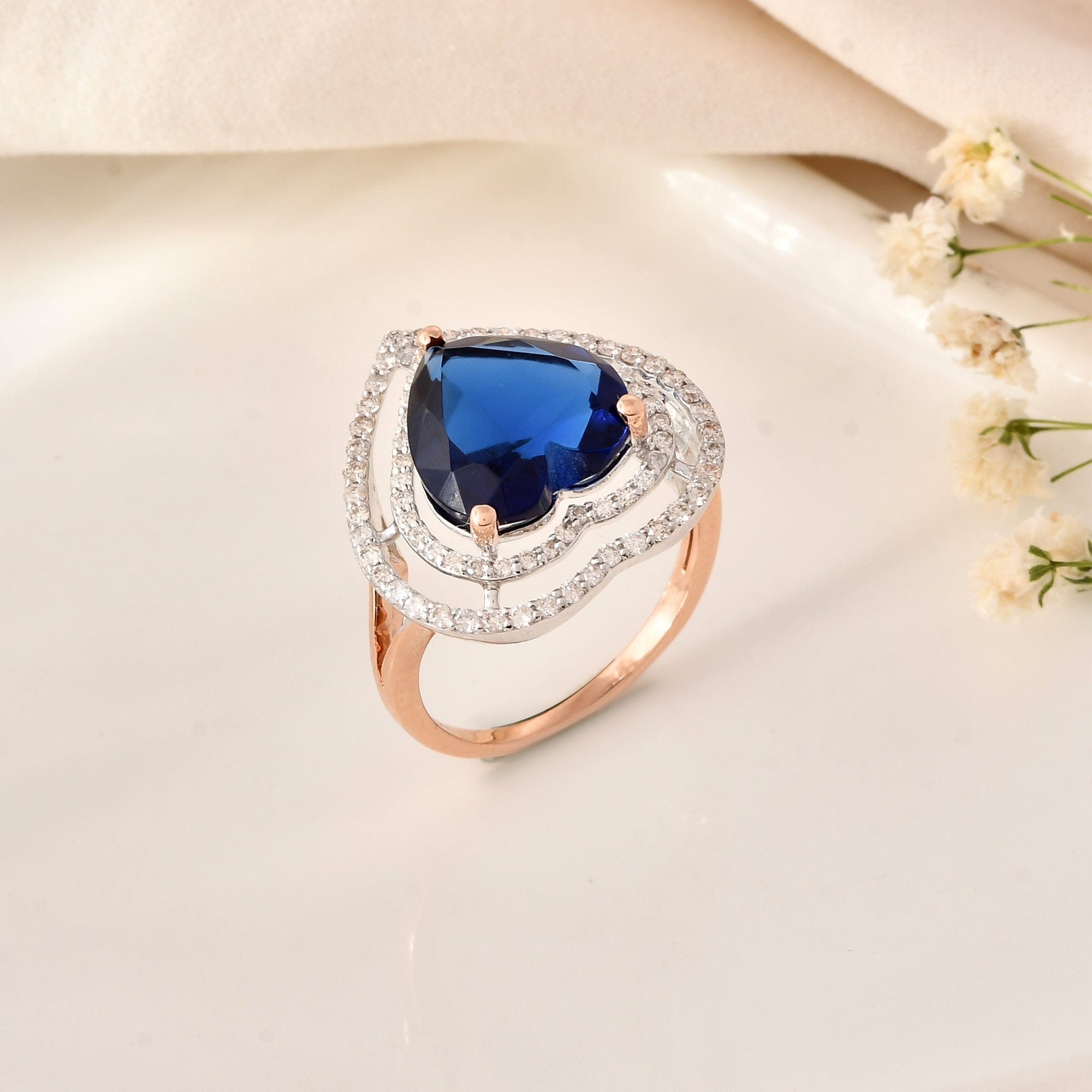 Blue Stone Halo Engagement Ring For Women Wedding Jewelry