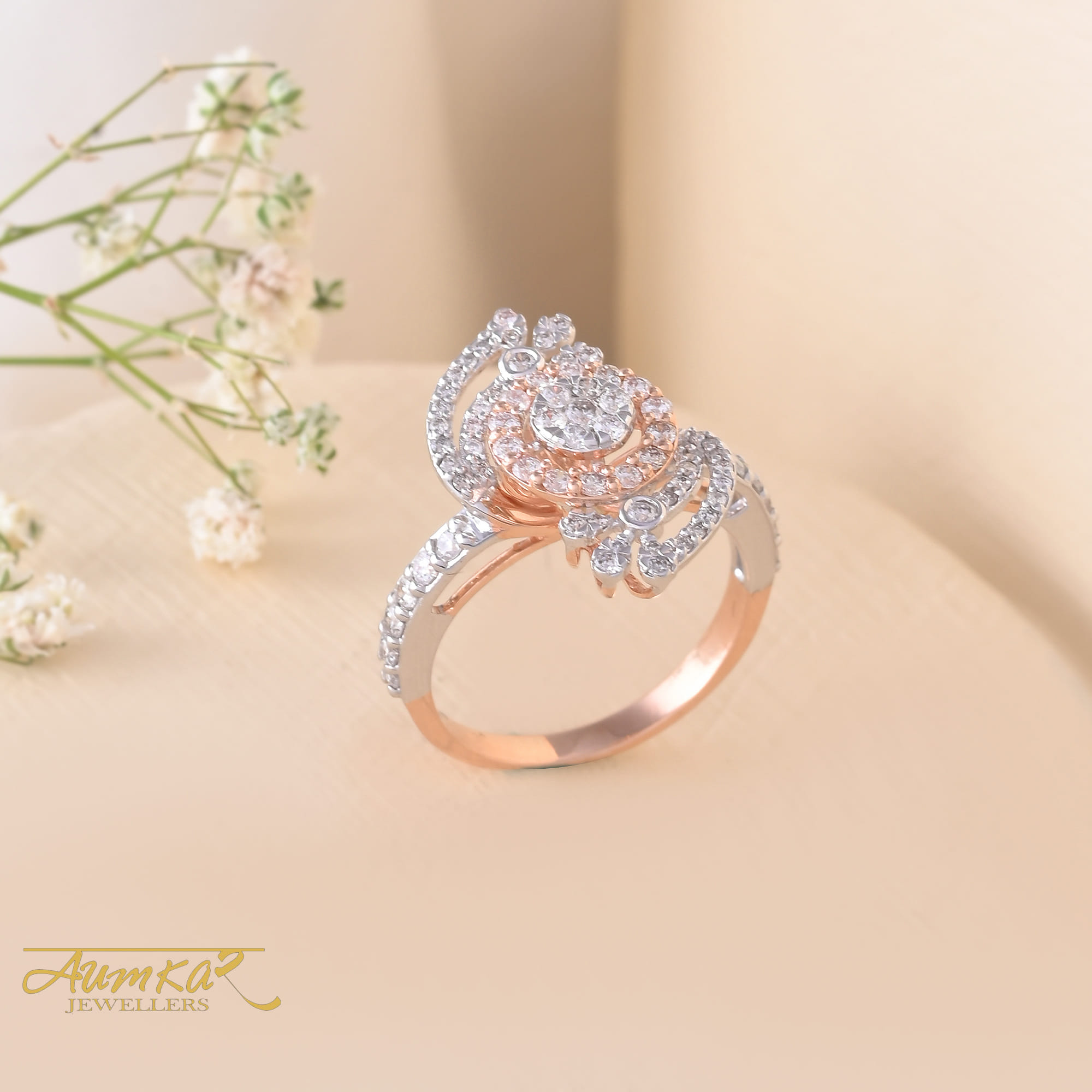Diamond Flower Ring For Women Rose Gold Engagement Wedding