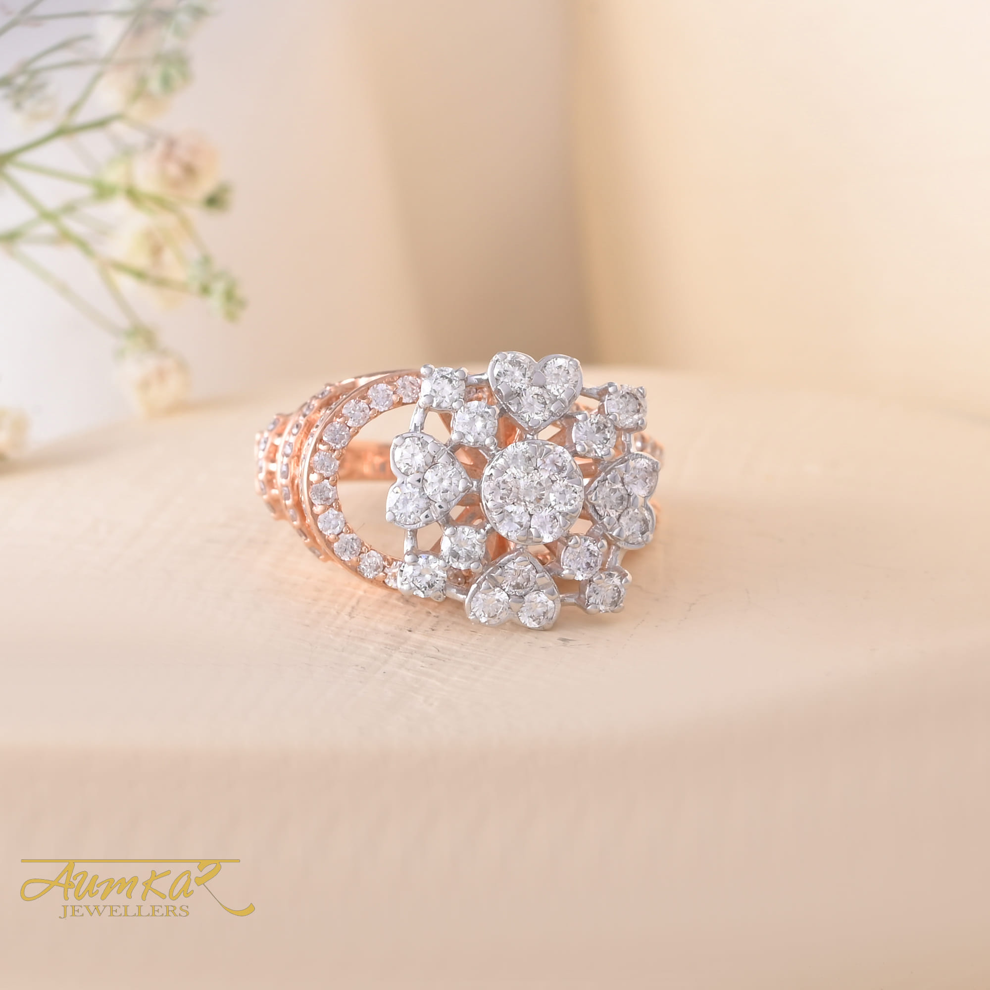 Women's Diamond Cocktail Ring Floral Design Wedding Band