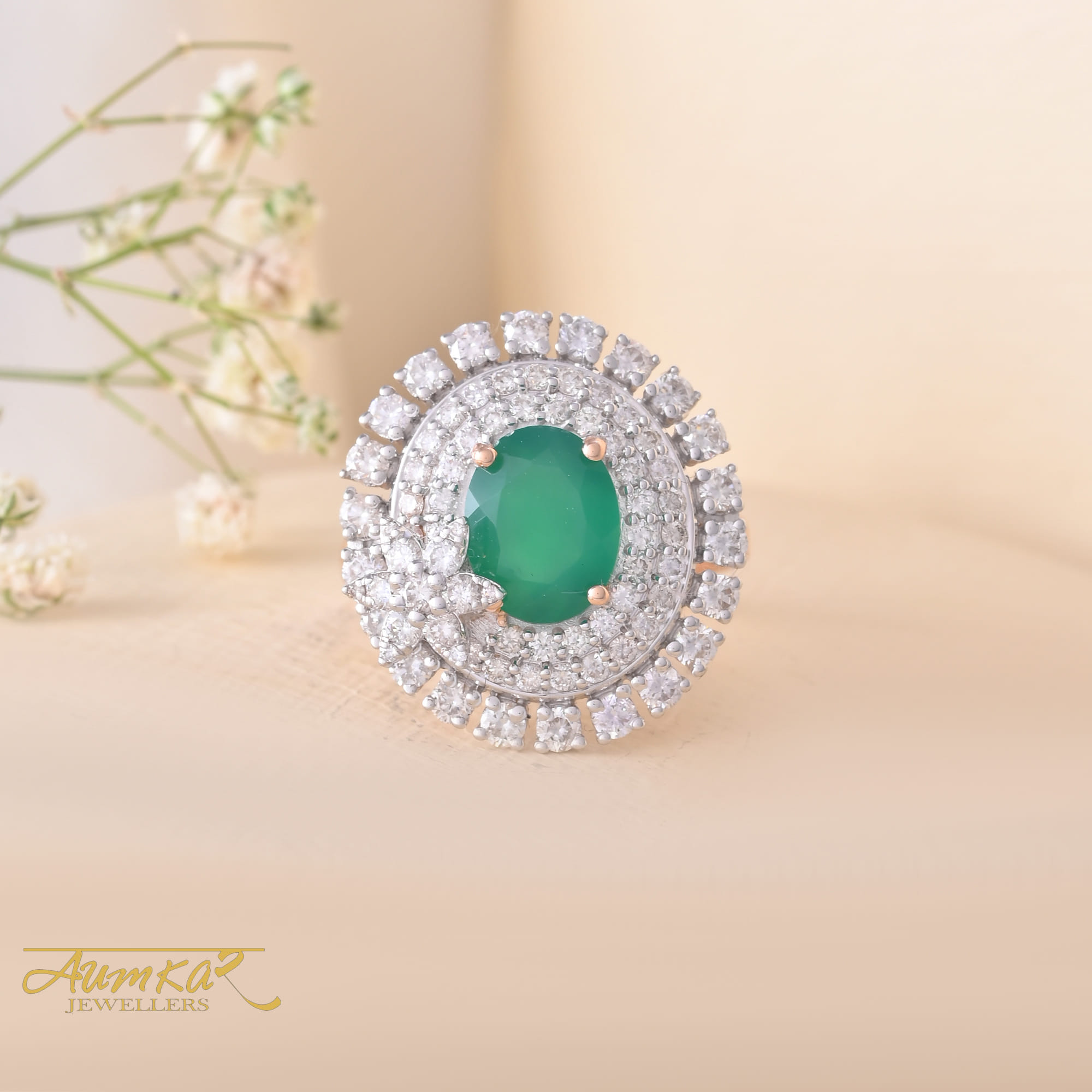 Green Stone Cocktail Ring With Natural Diamonds For Women